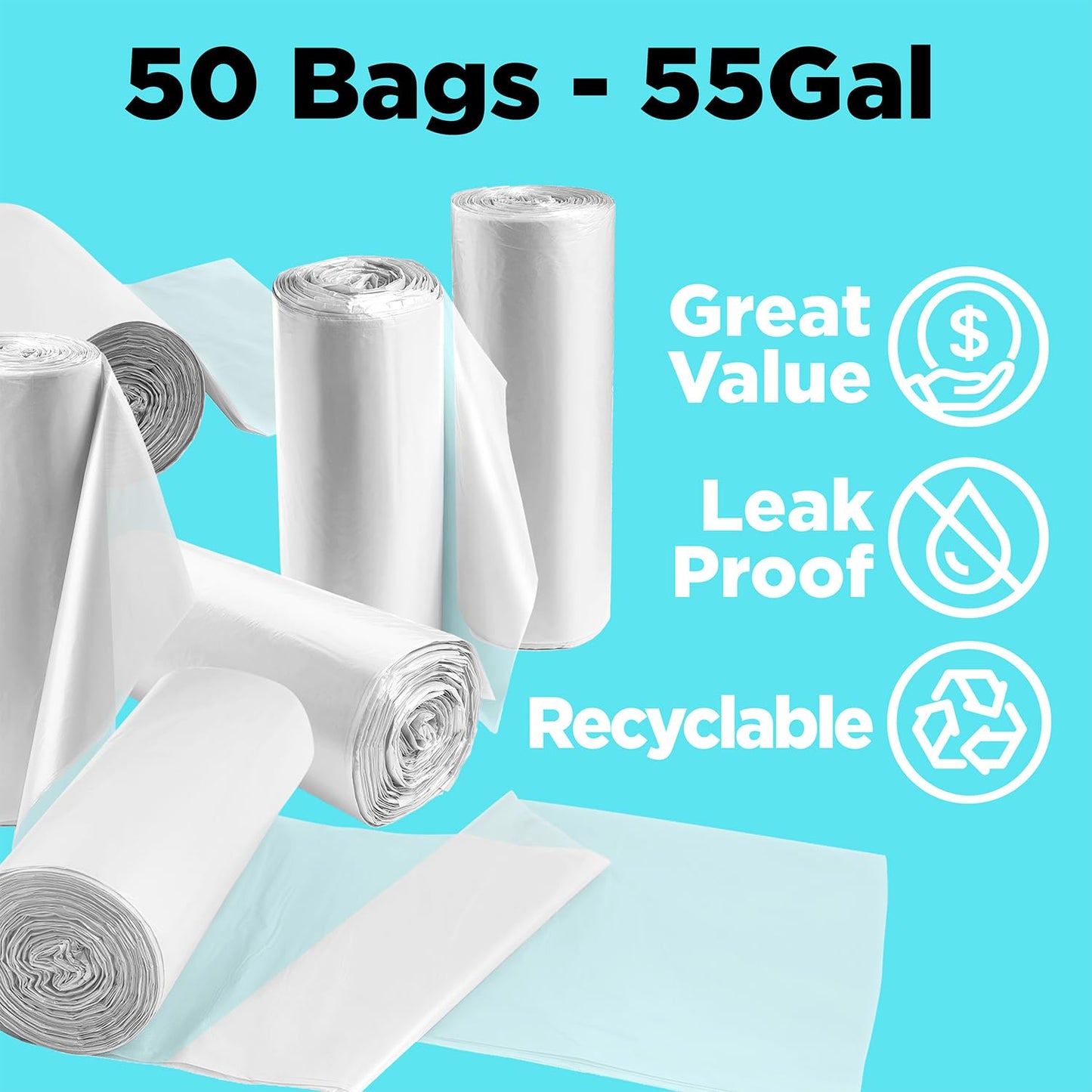 ToughBag Contractor Trash Bags 55-60 Gallon, Heavy Duty, 2.5 Mil Clear Garbage Bags, Tear-Resistant Large Trash Bags for Construction, Recycling & Home (50 Count) - Made in USA