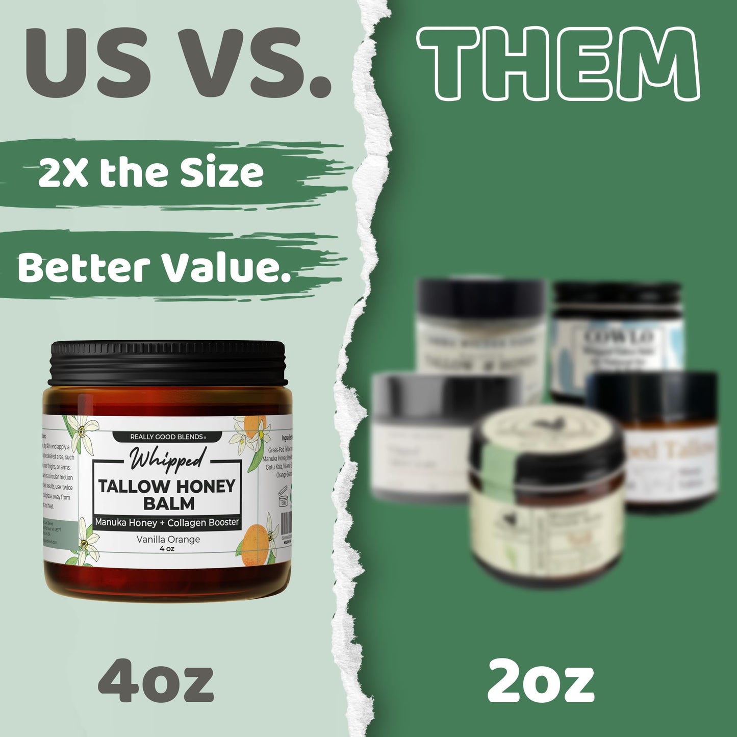 Really Good Blends Whipped Tallow Balm with Manuka Honey – 4 oz | Collagen-Boosting Body Butter | Beef Tallow for Skin | Face & Body Moisturizer | Made in USA (Vanilla Orange)