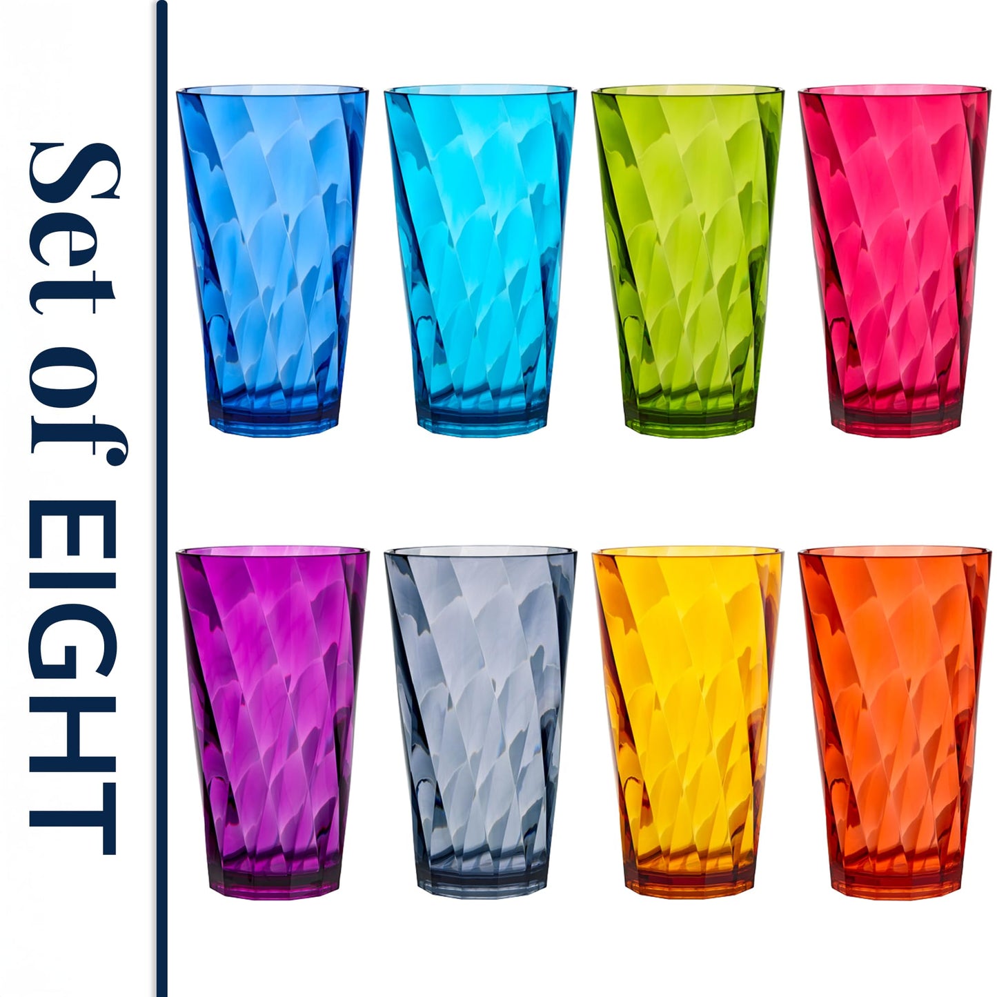 US Acrylic Optix Plastic Reusable Drinking Glasses (Set of 8) 20oz Water Cups in Jewel Tone Colors | BPA-Free Tumblers, Made in USA | Top-Rack Dishwasher Safe