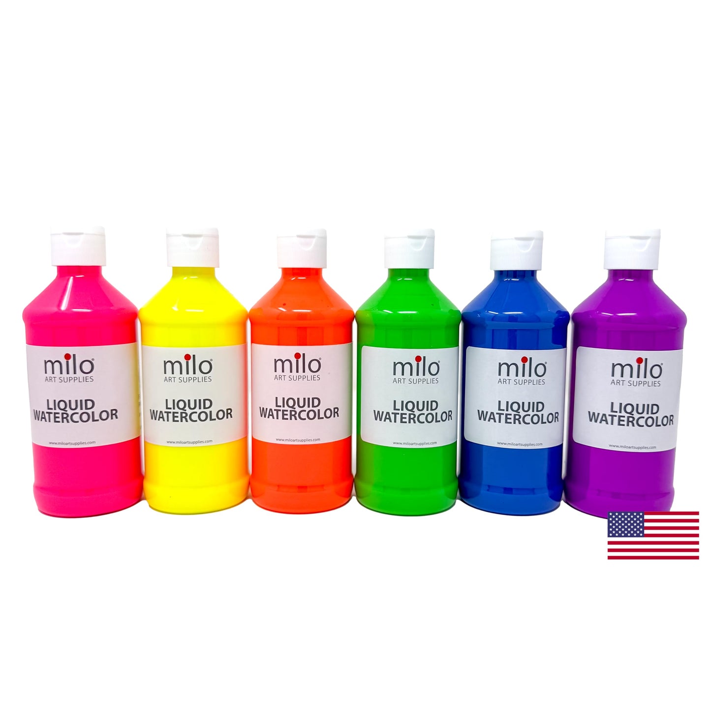 milo Fluorescent Liquid Watercolor Paint Set of 6 Colors | 8 oz Bottles | Neon, Washable, Safe and Non-Toxic | Made in the USA | Art & Craft Paints | Glows UV with Black Light