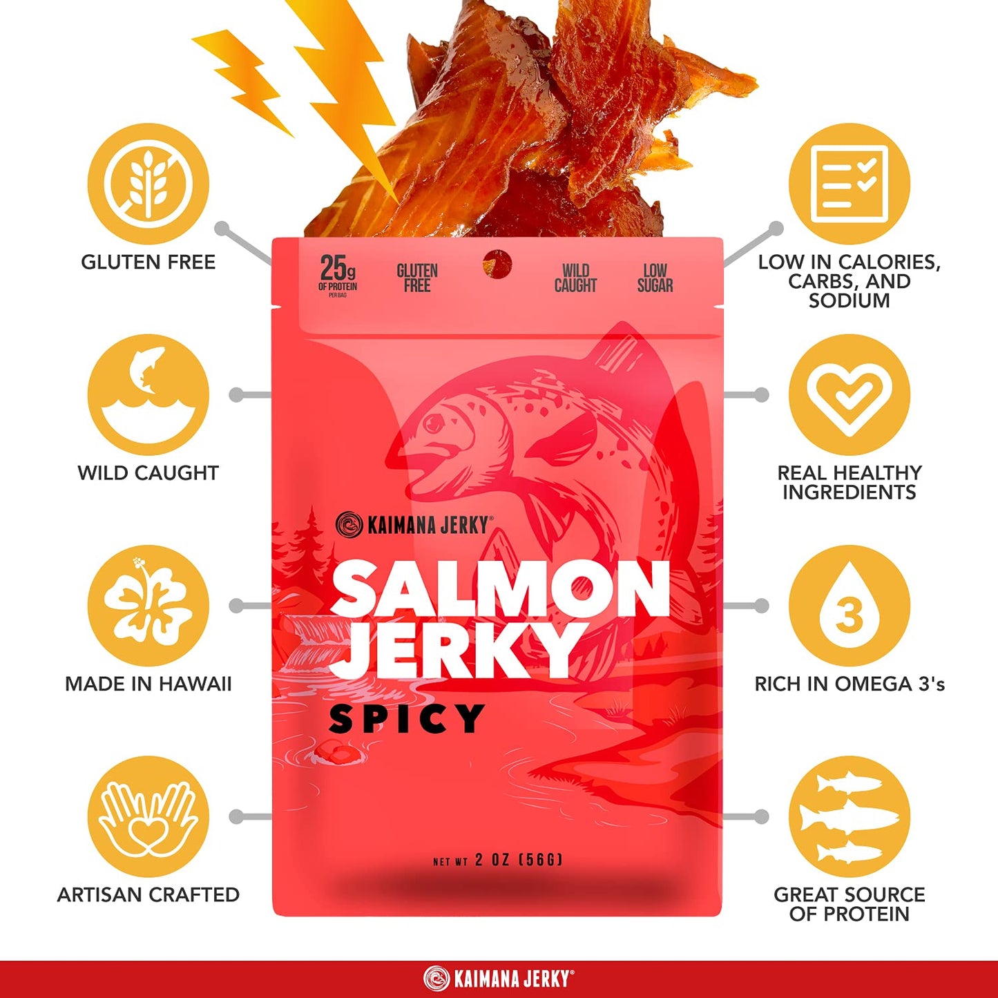Kaimana Jerky Wild Caught Salmon Jerky - Organic Gourmet Dried Fish Strips Rich in Omega-3 & Protein - Low-Calorie Sweet Seafood Snack with No Gluten, Less Sodium & Sugar - Spicy Flavor - 2oz Pack