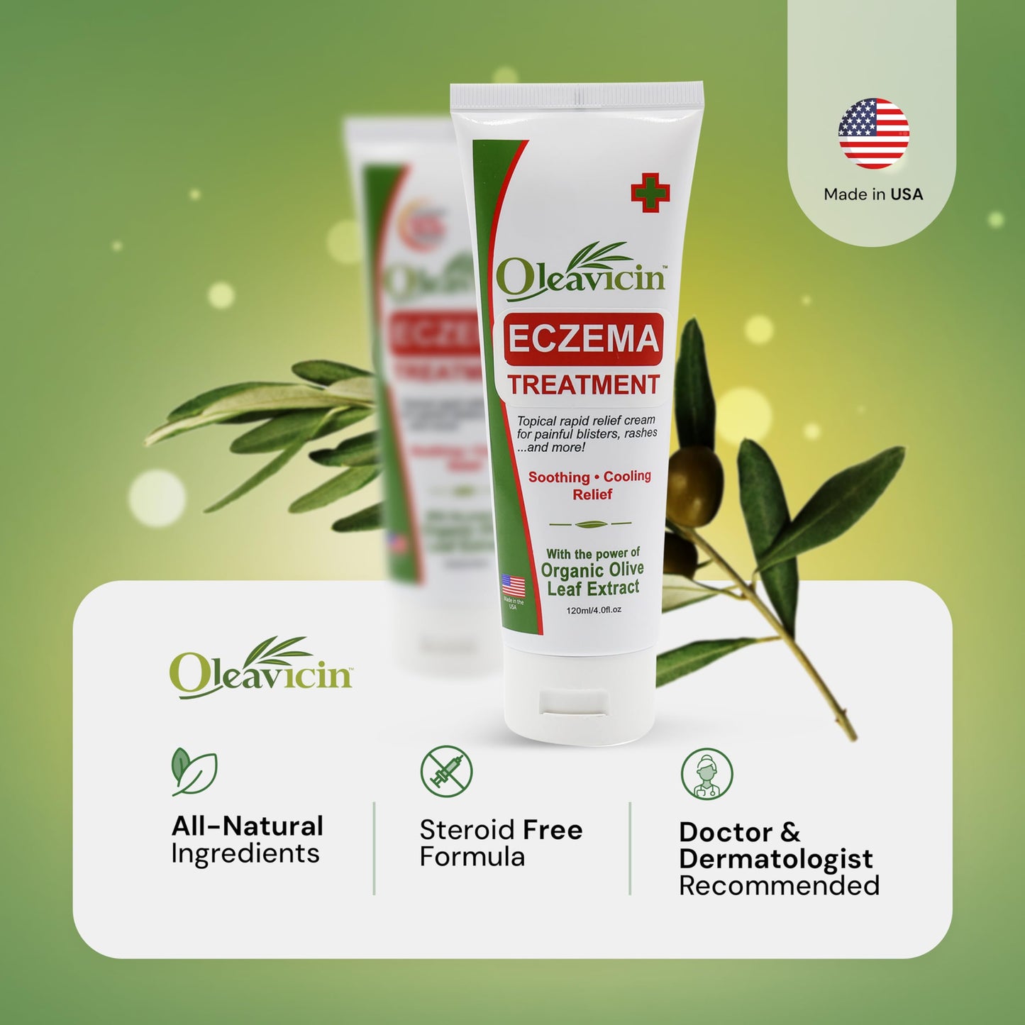 Oleavicin Eczema Treatment Cream - Steroid-Free, Organic Olive Leaf Extract, Soothing & Hydrating for All Skin Types, Kids & Adults