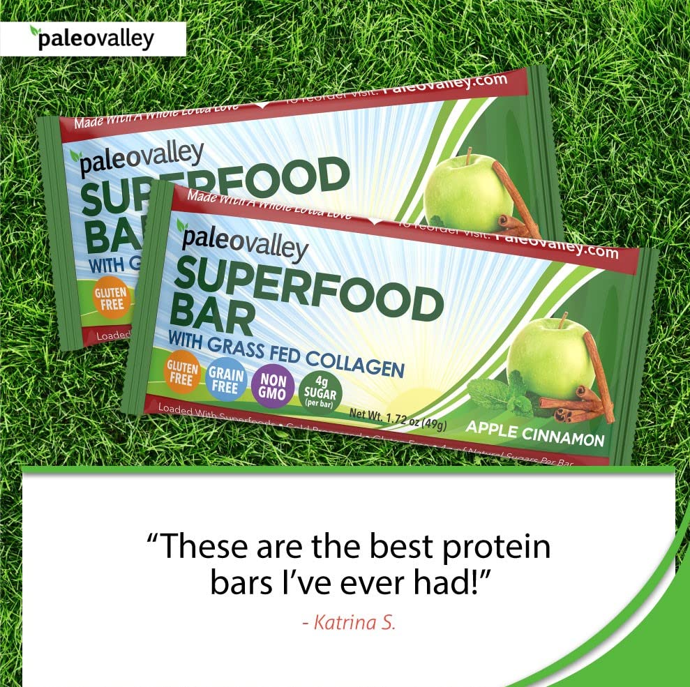 Paleovalley: Superfood Bars with Grass Fed Bone Broth Protein - Apple Cinnamon - 12 Bars - All Organic Ingredients with 10 Antioxidant-Rich Superfoods - No Gluten, Grains, Soy or Added Sugar