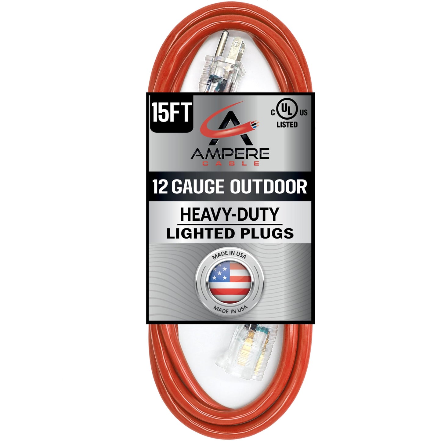 15 ft - 12 Gauge Extension Cord Outdoor - Made in USA - Lighted on Both Ends - Red Outdoor Extension Cord Waterproof by Anthem Cable - Heavy Duty Extension Cord