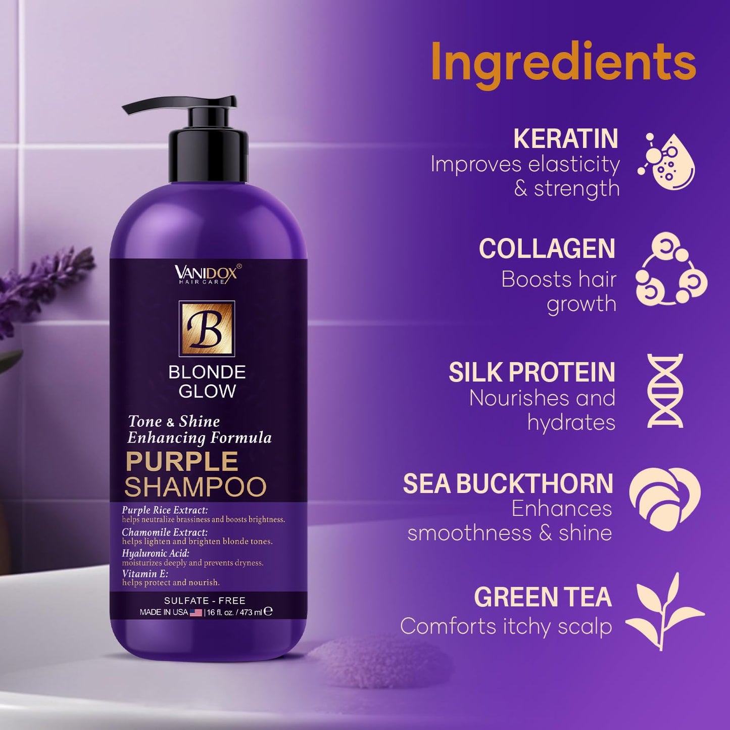 VANIDOX Sulfate Free Brass Toning Purple Shampoo for Blondes, Brown Highlighted, or Bleached Hair, Infused with Purple Rice Extract, Hyaluronic Acid, Vitamin E, and Chamomile Extract (16 fl oz)