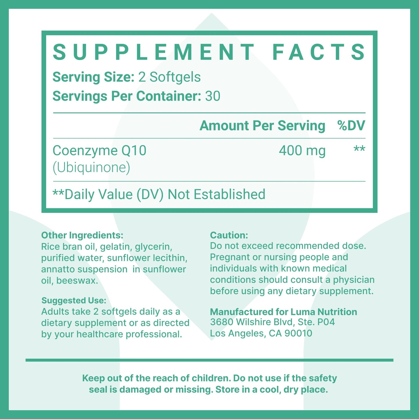 Luma Nutrition CoQ10 400mg Softgels - High-Absorption Coenzyme Q10 - Co Q-10 200mg / 400mg Per Serving - Heart Health - 60 Liquid Softgels