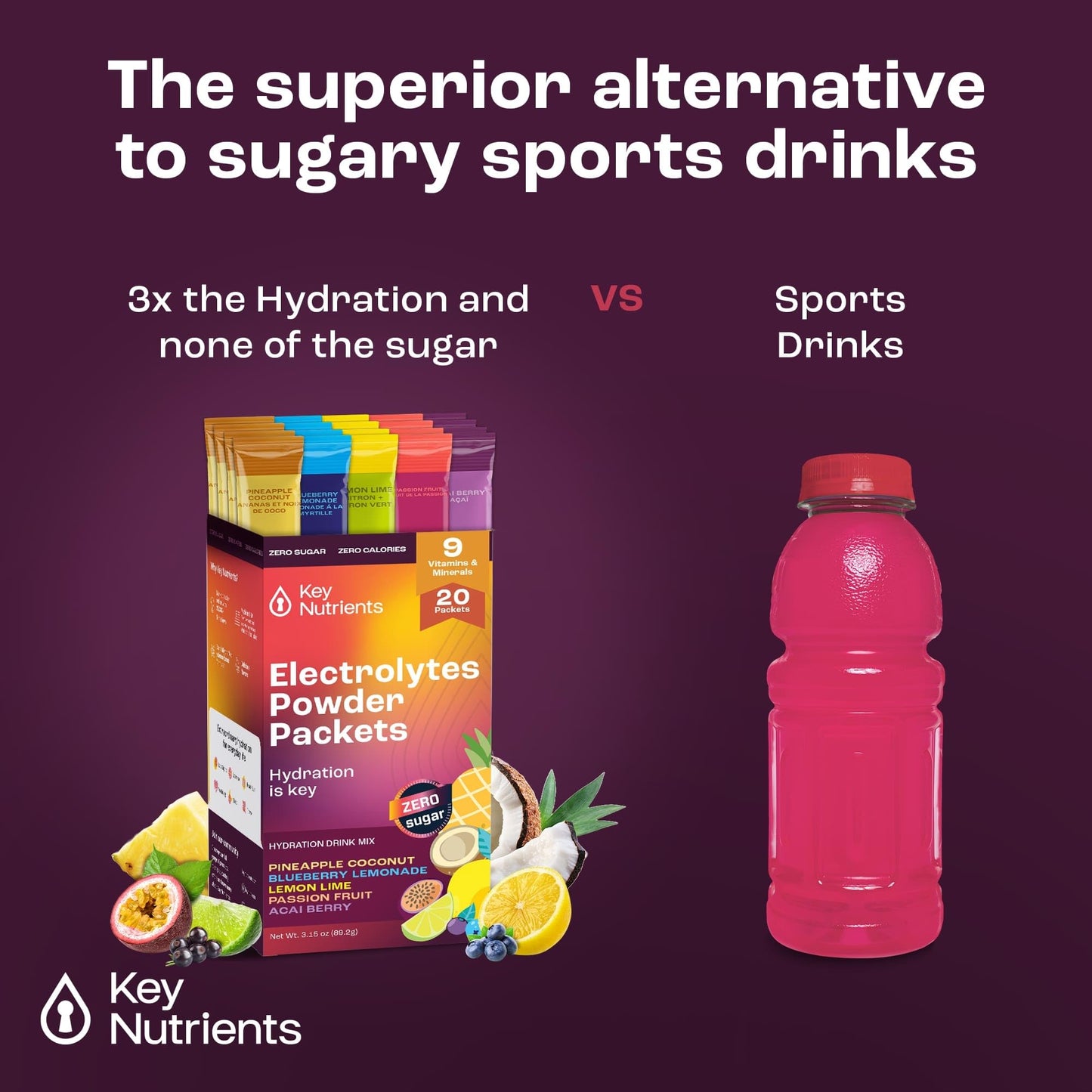 KEY NUTRIENTS Electrolytes Powder Packets No Sugar - 5 Delicious Flavors in Hydration Packets 20 Pack - No Calories, Gluten Free Electrolytes Powder Packets, Non GMO, Made in USA