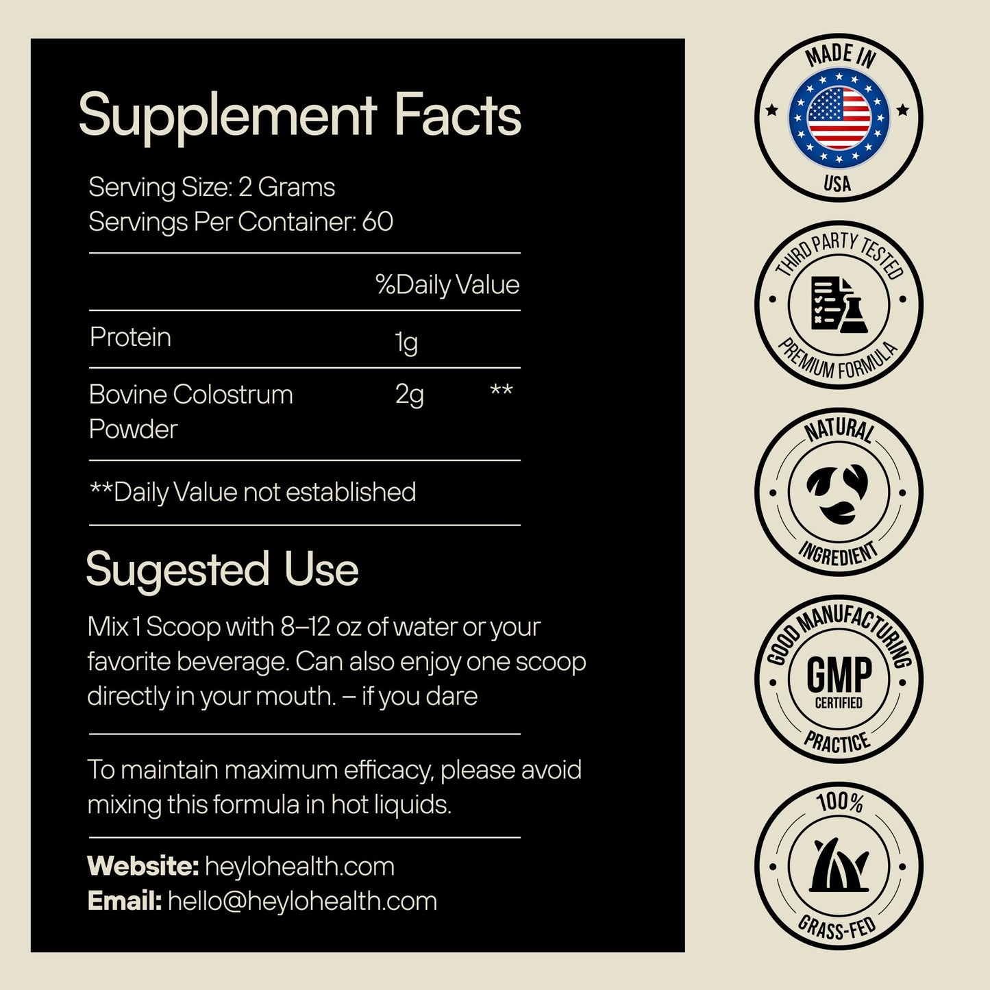 Heylo Premium Colostrum Powder – 100% Pure, Grass-Fed Bovine 40% IgG Supplement, Natural Gut Health Bloating Immunity Skin & Hair, Muscle Recovery, Rich in Immunoglobulins, 60 Servings