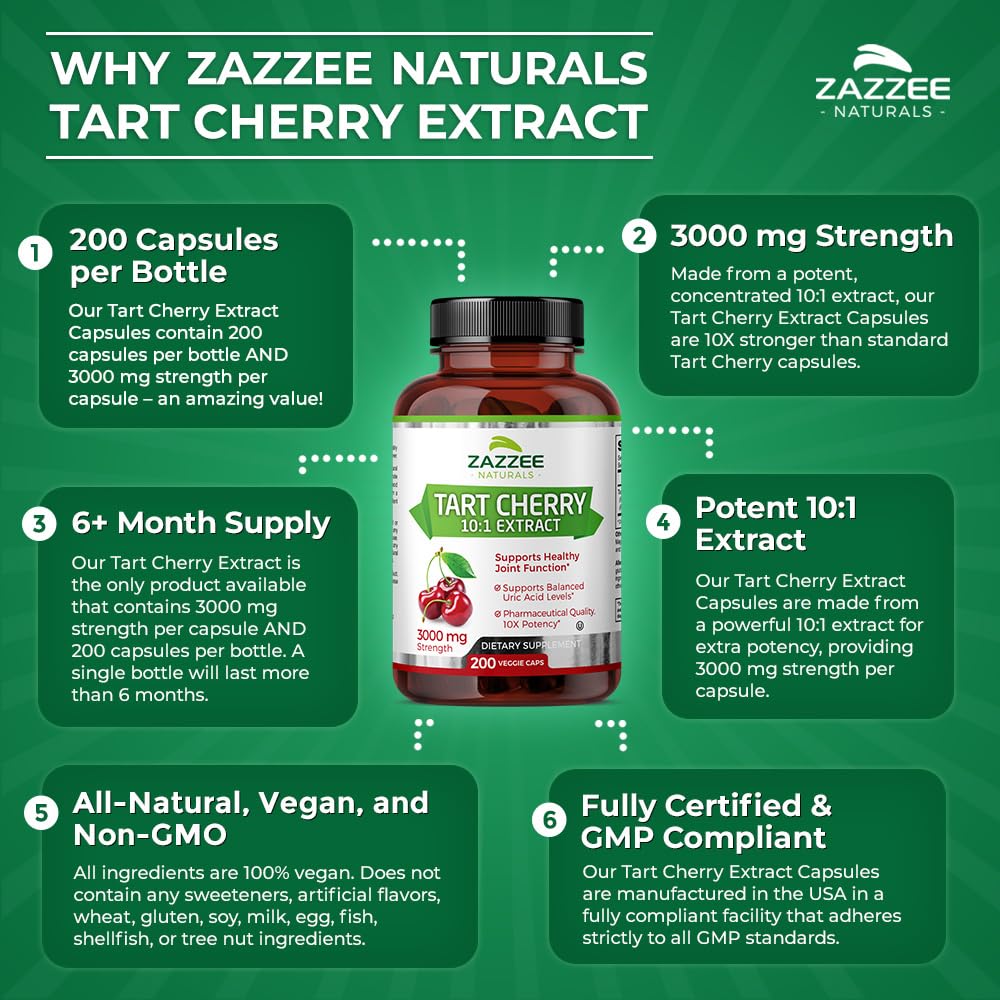 Zazzee Tart Cherry 10:1 Extract, 3000 mg Strength, 200 Vegan Capsules, 6+ Month Supply, Certified Kosher, Concentrated and Standardized 10X Extract, 100% Vegetarian, All-Natural, Gluten Free, Non-GMO