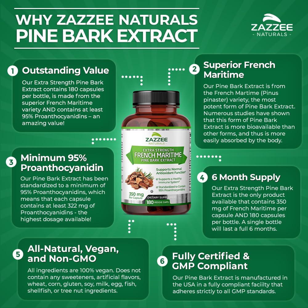 Zazzee Extra Strength French Maritime Pine Bark 20:1 Extract, 350 mg Per Capsule, 180 Vegan Capsules, 95% Proanthocyanidins, Kosher, 6 Month Supply, Standardized 20X Extract, Non-GMO, Made in The USA