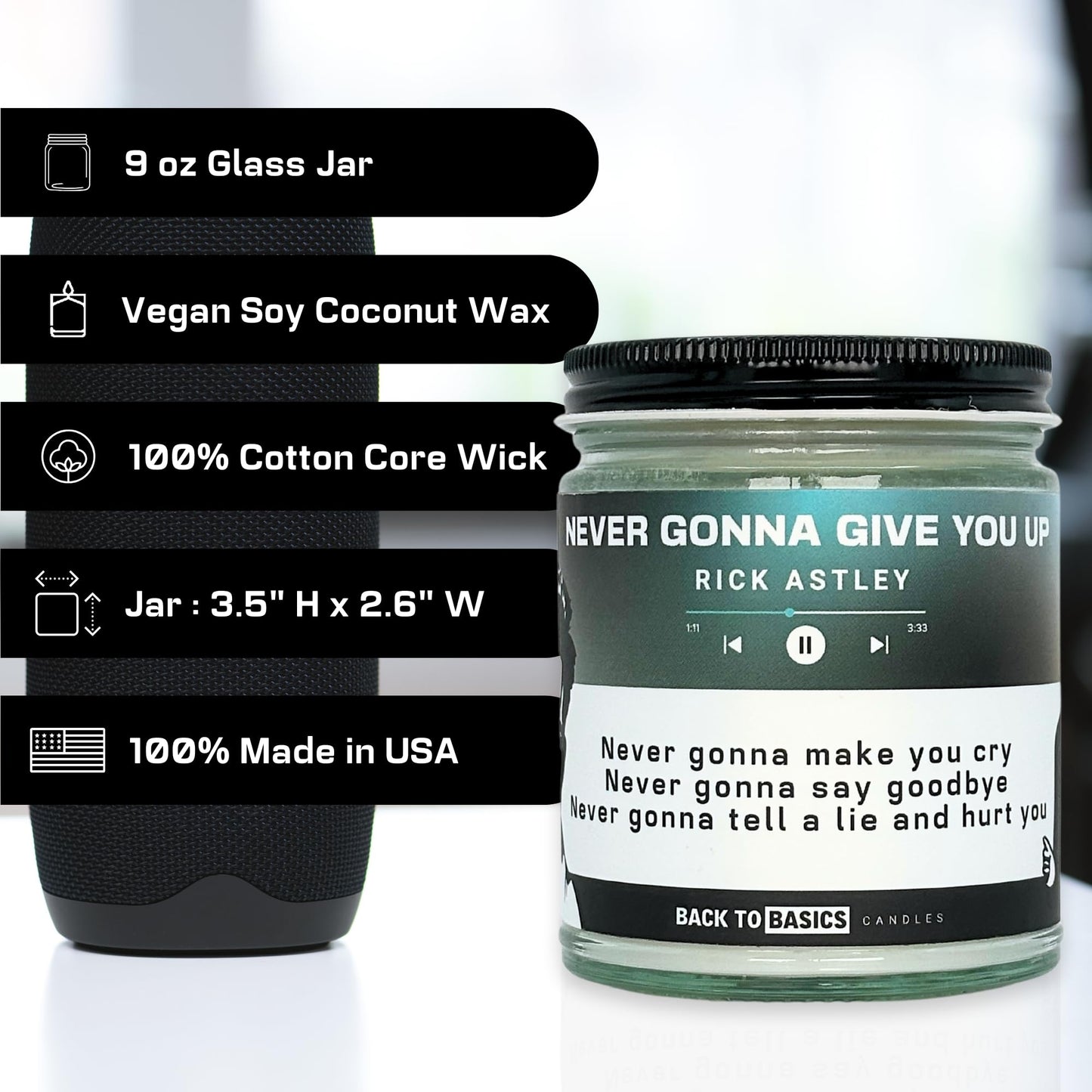 Back to Basics Candles | Never Gonna Give You Up - 9oz Soy Wax Cucumber Melon Scented Candle for Home Decor, Birthday Gifts for Women, Men, Best Friend | Relaxing Aromatherapy Made in USA