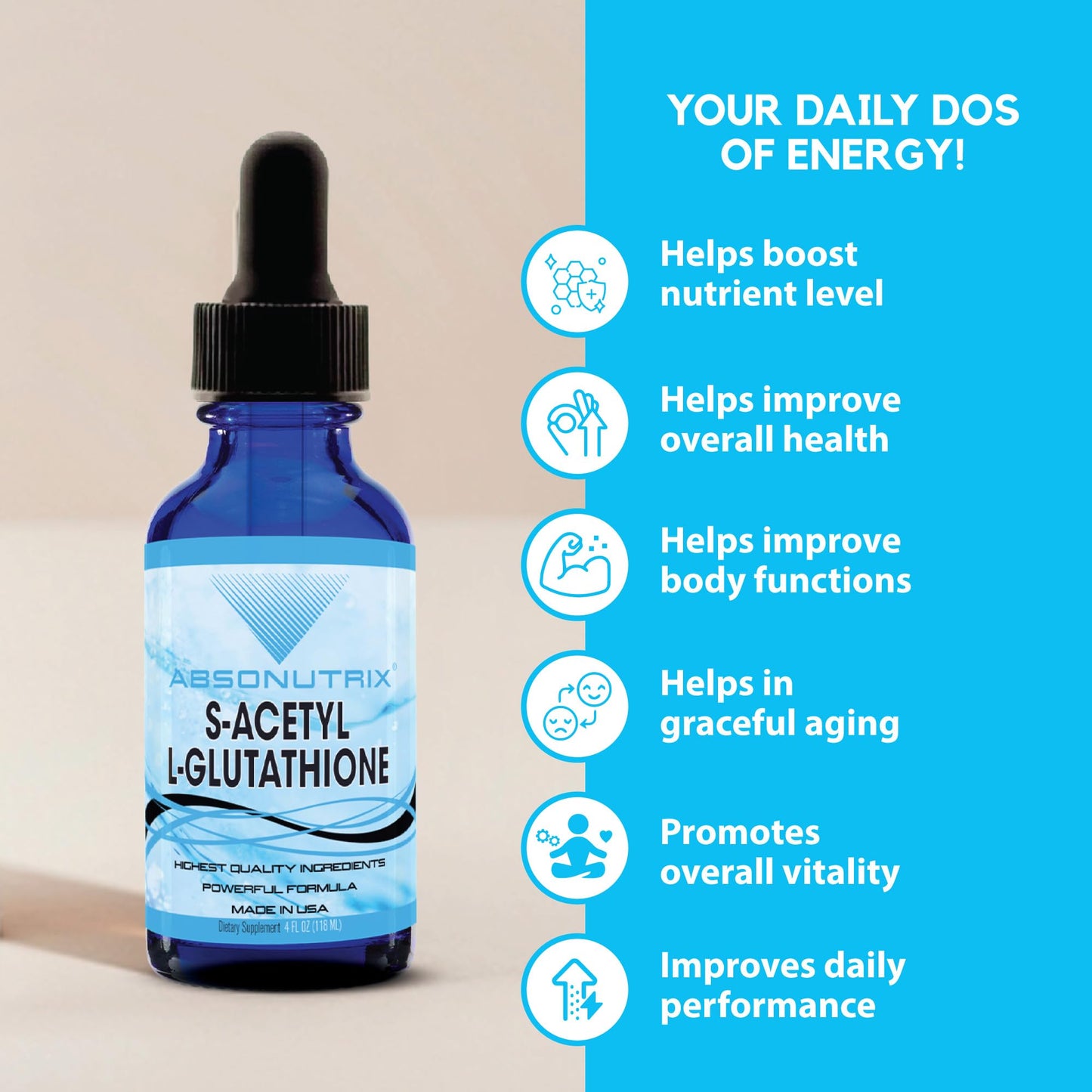 Absonutrix S-Acetyl L-Glutathione 100 mg per Serving 4 oz Liquid 200 Servings, Helps Detoxify Body, Boosts General Health, Helps Boost Energy Level, Quick Absorption, Gluten-Free, Made in USA,