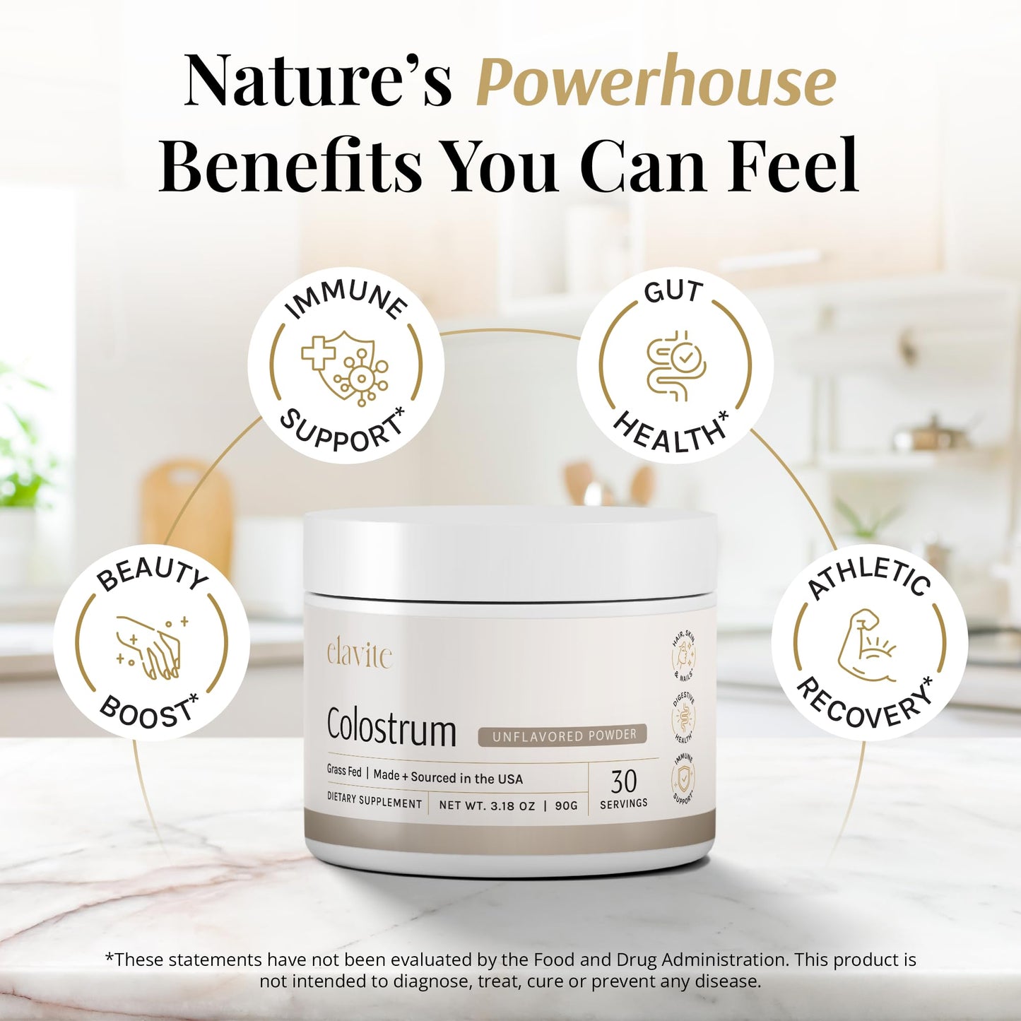 Elavite Bovine Colostrum Powder (Unflavored) Grass Fed Colostrum Supplement for Gut Health, Immune Support Healthy Hair, Skin & Nails - 30 Servings