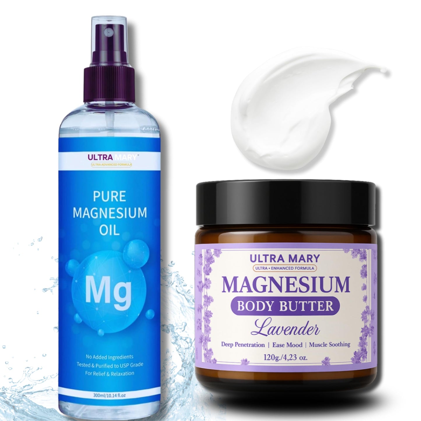 Magnesium Relief Combo|Pure Magnesium Oil Spray(300ml)+Magnesium Body Butter(4.23oz) USP Grade,Rapid Absorption,Lavender Cream|Joint & Muscle Support–Natural,Kid-Friendly Topical Duo (Músculos)