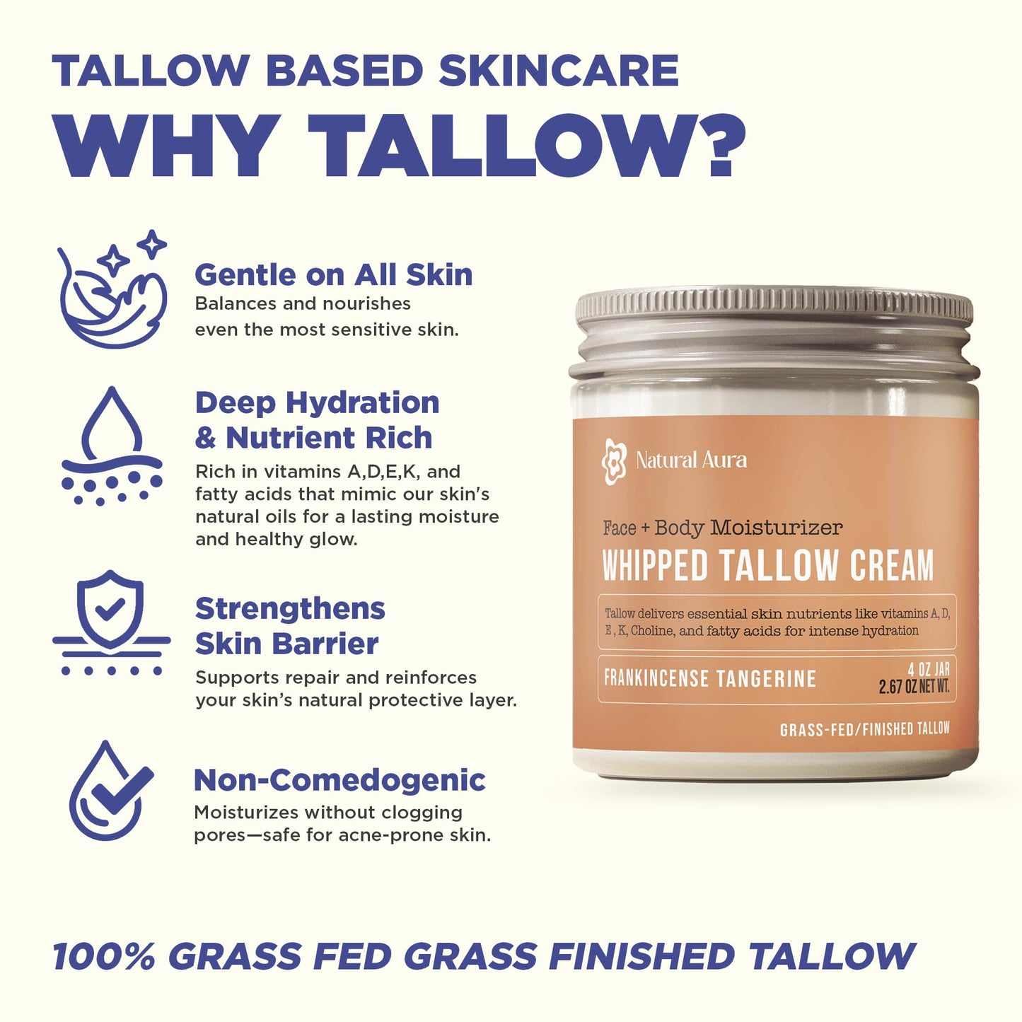 Whipped Beef Tallow for Skin - Face + Body Moisturizer, 100% Grass Fed Grass Finished Tallow and Honey Balm for Sensitive Skin - Natural Lotion - Free of Harsh Chemicals - 4oz, (Citrus Frankincense)