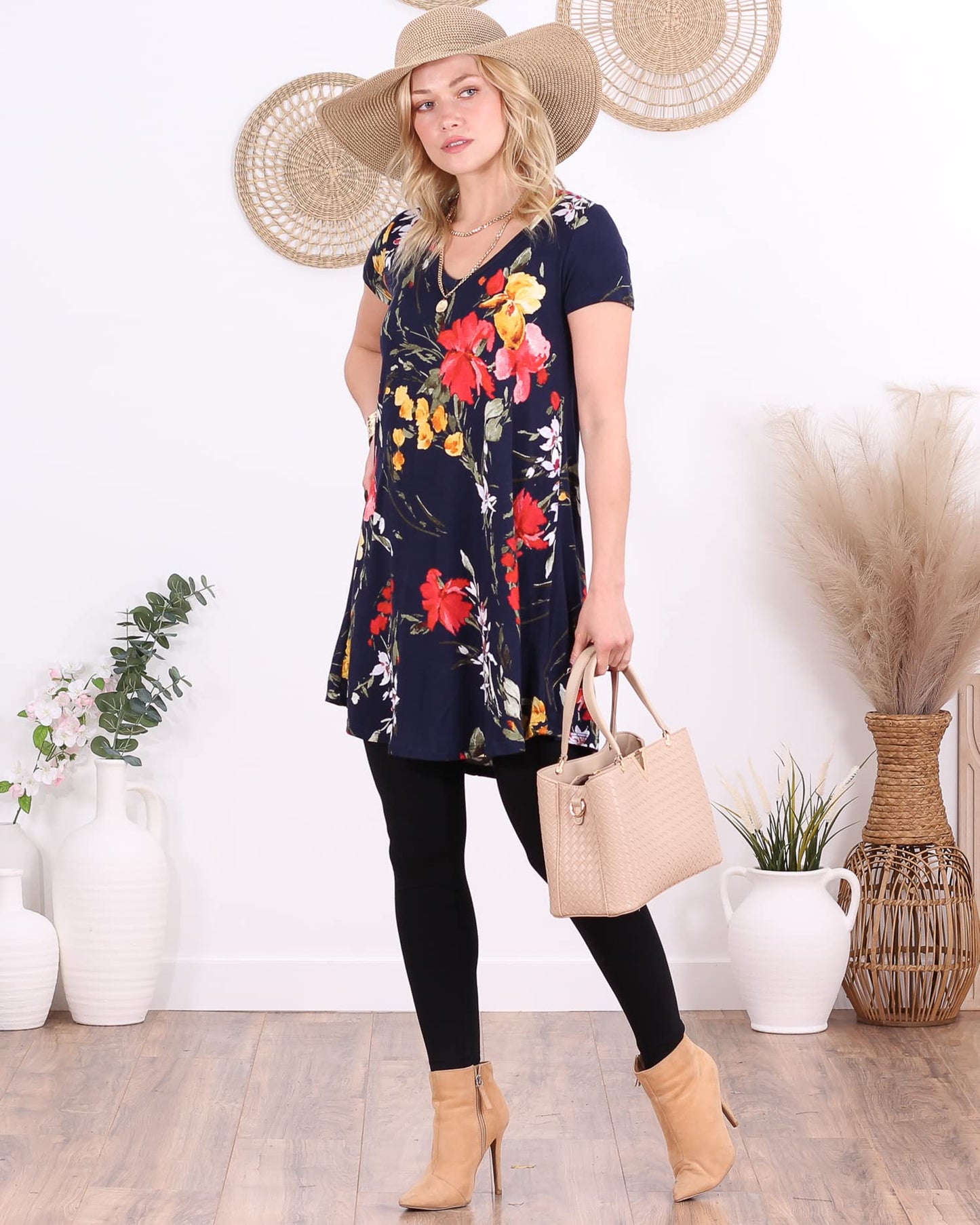 Popana Womens Short Sleeve Summer Tunic Tops to Wear with Leggings Loose Fit Made in USA Floral