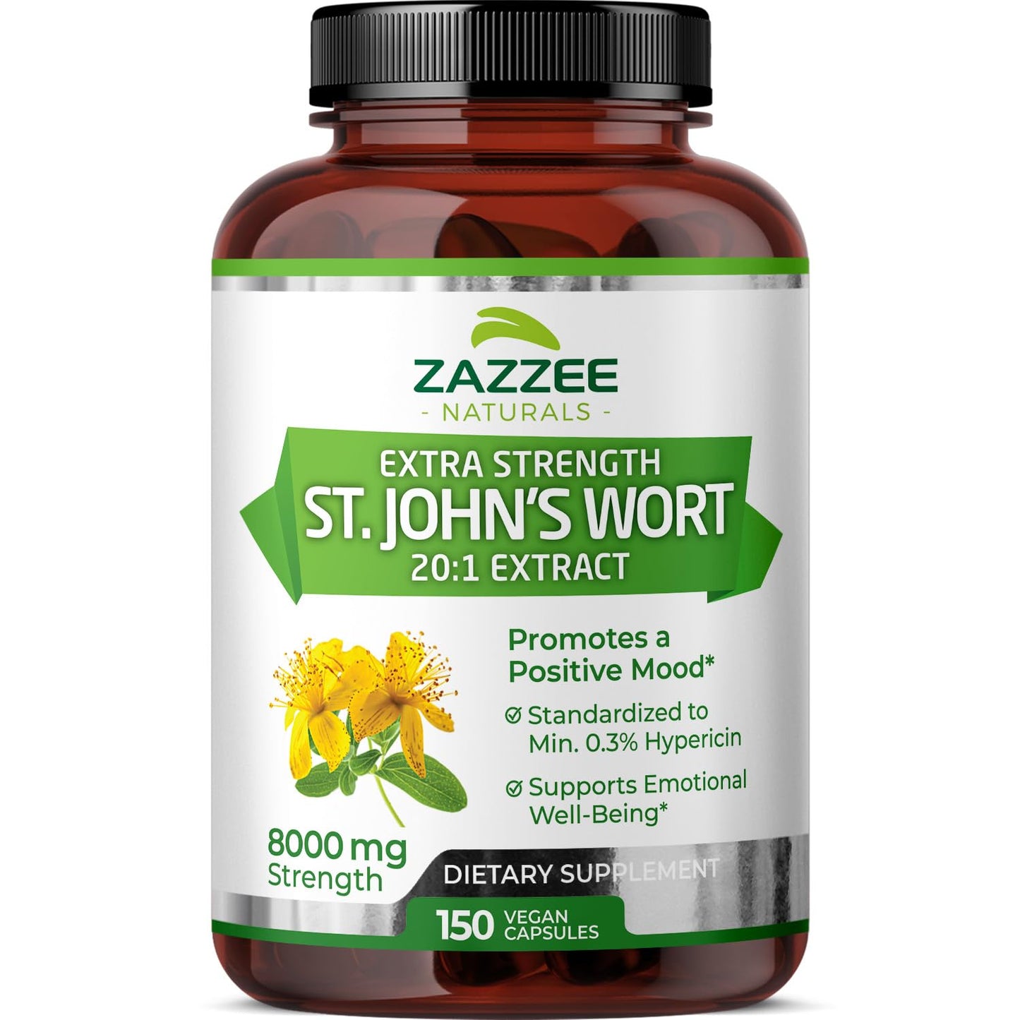 Zazzee Extra Strength St. John’s Wort 20:1 Extract, 8000 mg Strength, 0.3% Hypericin, 150 Vegan Capsules, 5 Month Supply, Concentrated, Standardized 20X Extract, 100% Vegetarian, Non-GMO, All-Natural