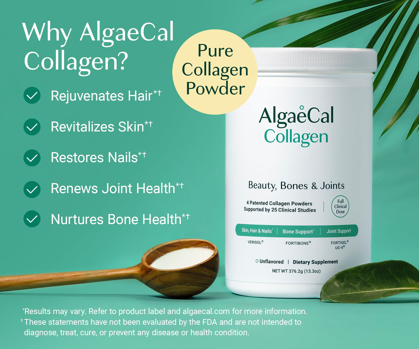 ALGAECAL Collagen: 4 Clinically-Supported Peptides VERISOL®, FORTIGEL®, UC-II®, FORTIBONE®, Anti-Aging Hydrolyzed Collagen Powder, Made in USA