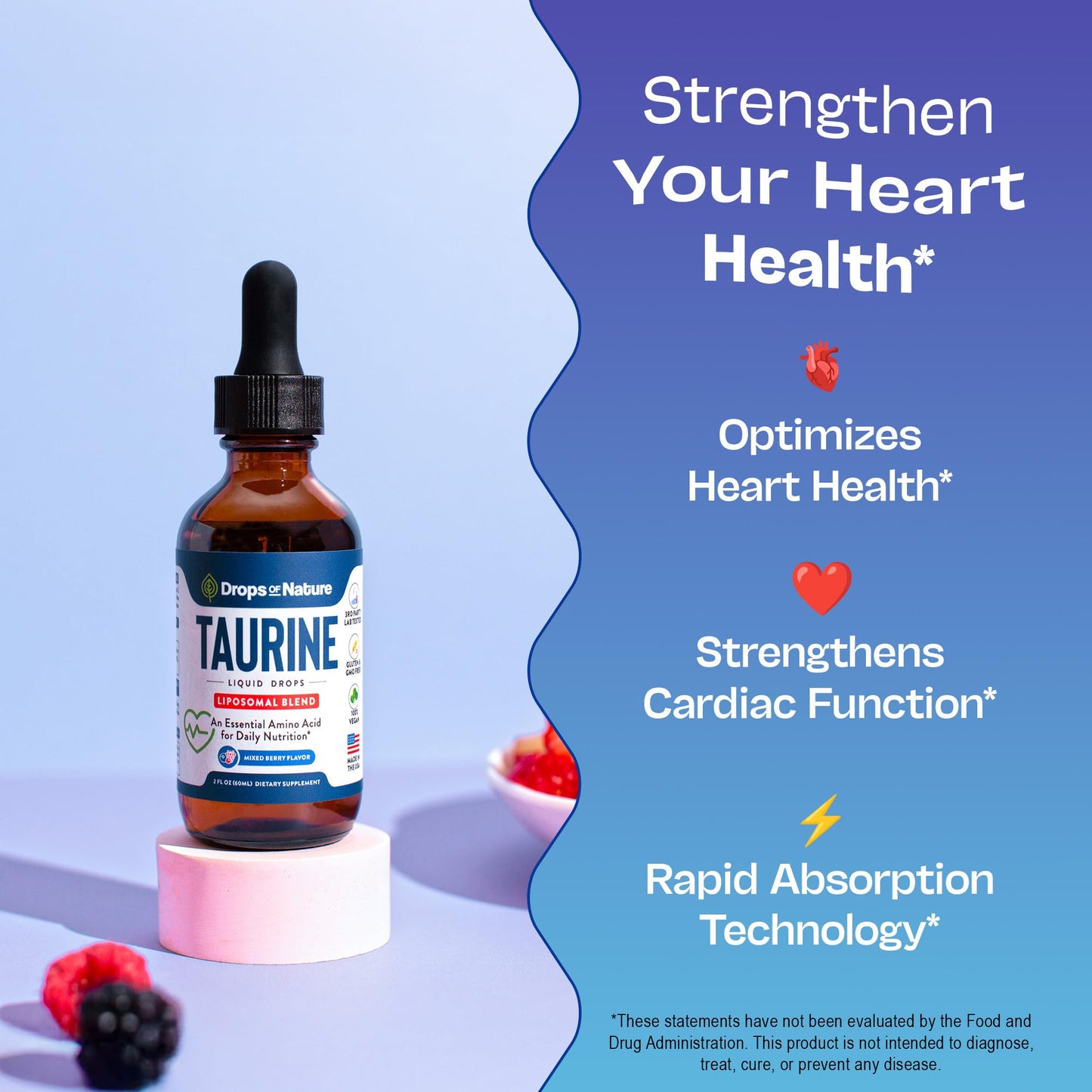 Taurine Liquid Drops Supplement - Fast Absorbing, Non-GMO, Vegan - Free Form Amino Acid for Hydration and Cognitive Function Support - Complements Essential Amino Acids Supplement (Mixed Berry, 60 mL)