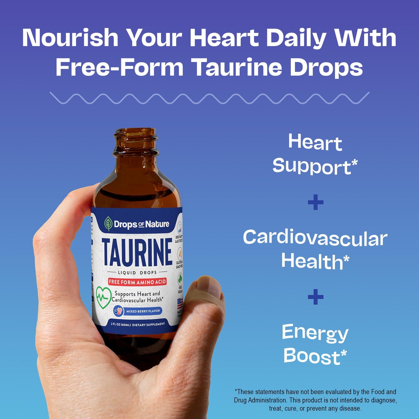 Taurine Liquid Drops Supplement - Fast Absorbing, Non-GMO, Vegan - Free Form Amino Acid for Hydration and Cognitive Function Support - Complements Essential Amino Acids Supplement (Mixed Berry, 60 mL)