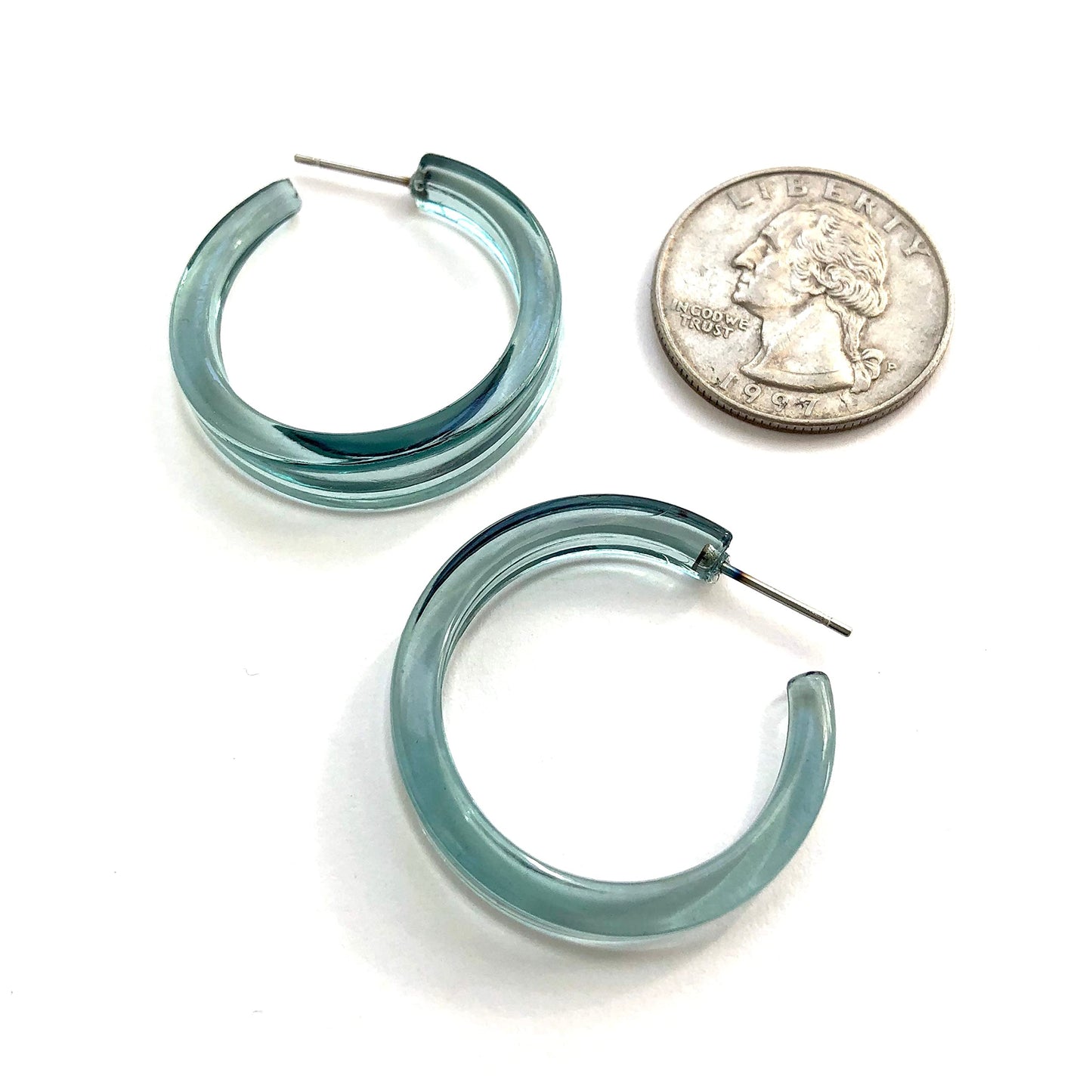 Leetie Lovendale Lola Hoop Earrings, Hypoallergenic Hoop Earrings for Women, Made With Surgical Steel & Lucite, Lightweight & Comfortable, Hand-Made In The USA, 1.25” Diameter, (Transparent Seafoam)