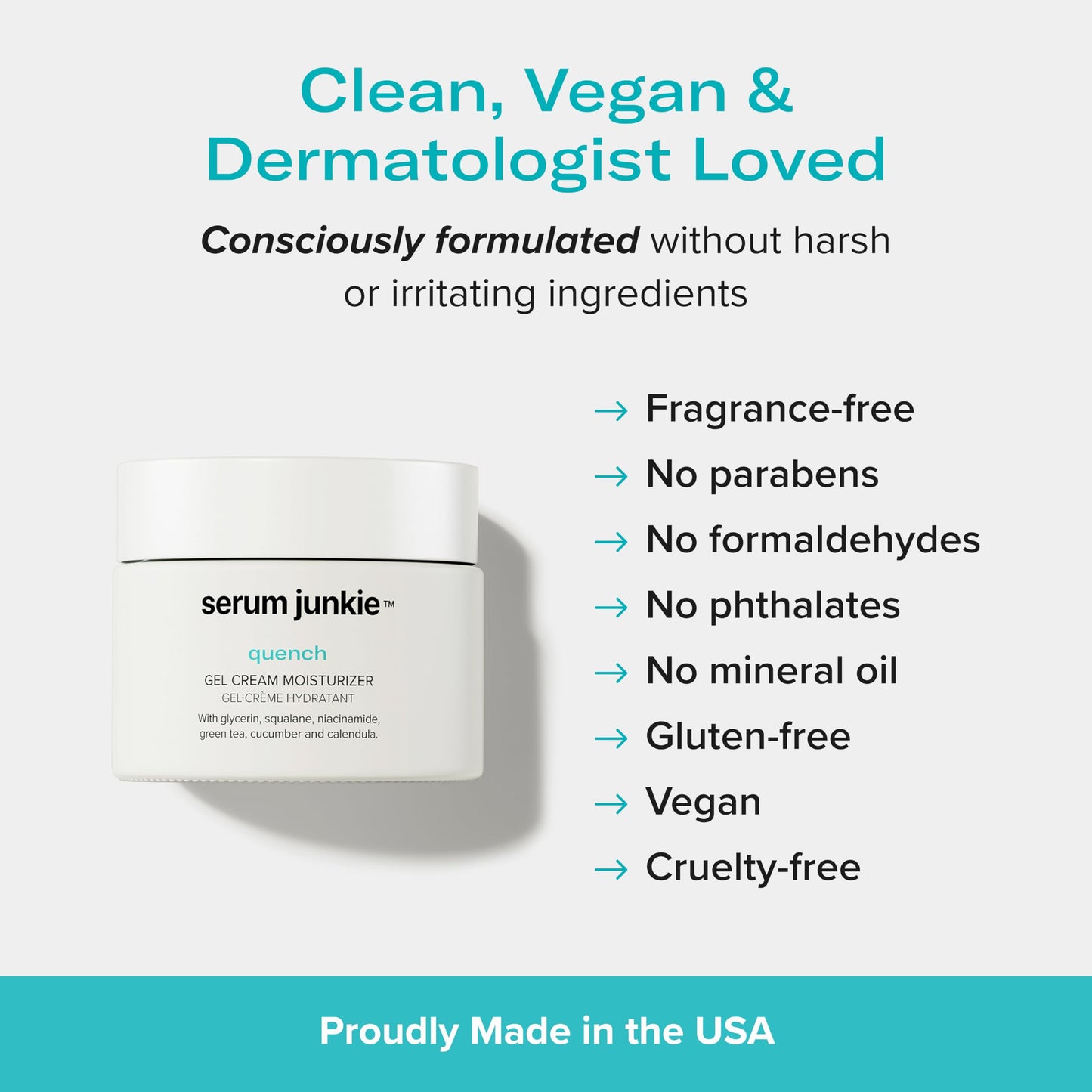 serum junkie QUENCH Lightweight Gel Cream Moisturizer with Glycerin, Niacinamide, Squalane, Green Tea, Cucumber, Calendula, Hydrating Barrier Support for Sensitive Skin, 1.7 fl oz