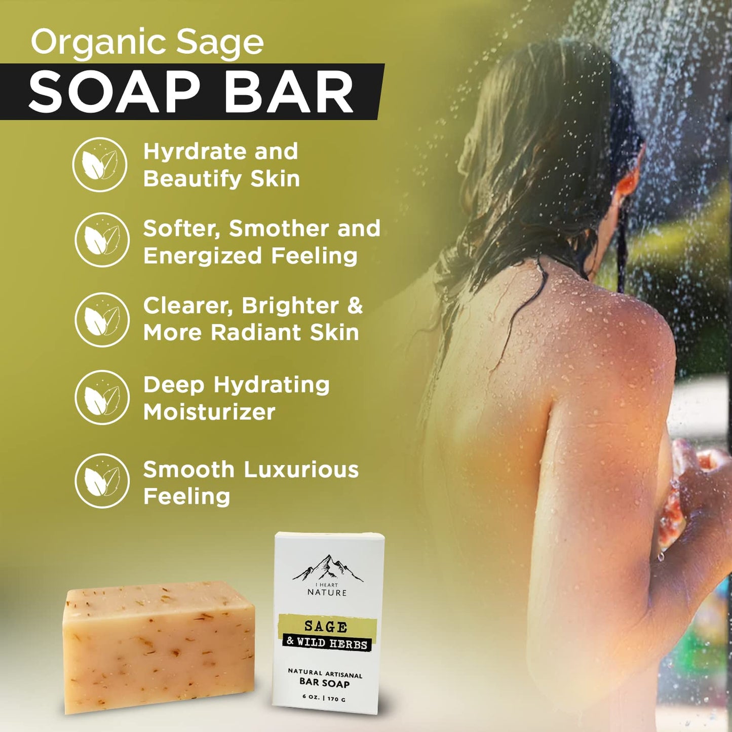 iHeart Fresh Soap Sage and Wild Herb - Long Lasting Rich Creamy Moisturizing Lather - Face & Body Wash for Men and Women - Large 6 Ounce