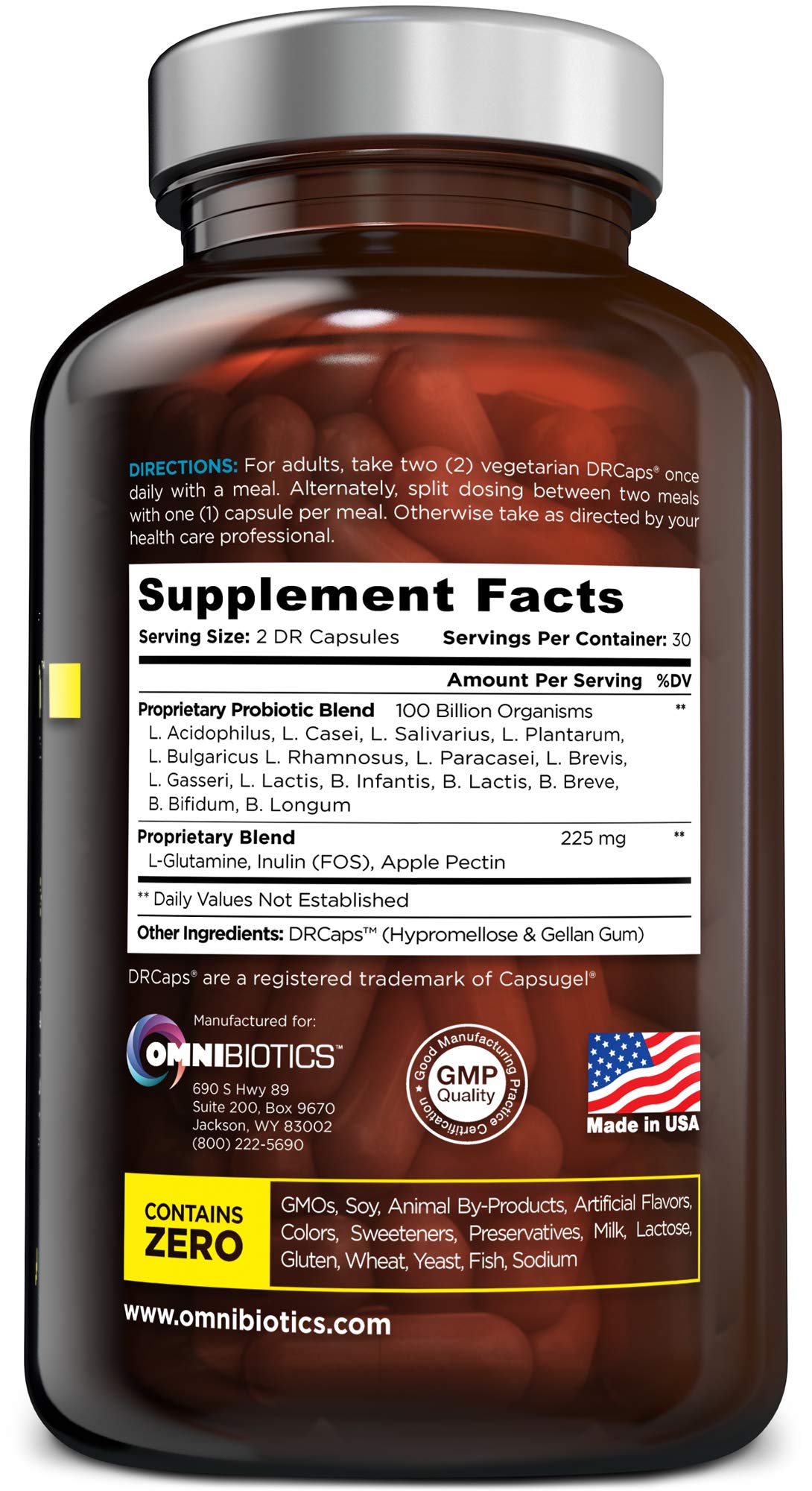100 Billion Probiotics - 15-Strain Probiotic for Women & Men, DRCaps Delayed Release, Prebiotics, L-Glutamine, Apple Pectin, Gut Lining Support, Shelf Stable, Non-GMO, 60 Vegan Capsules for Adults