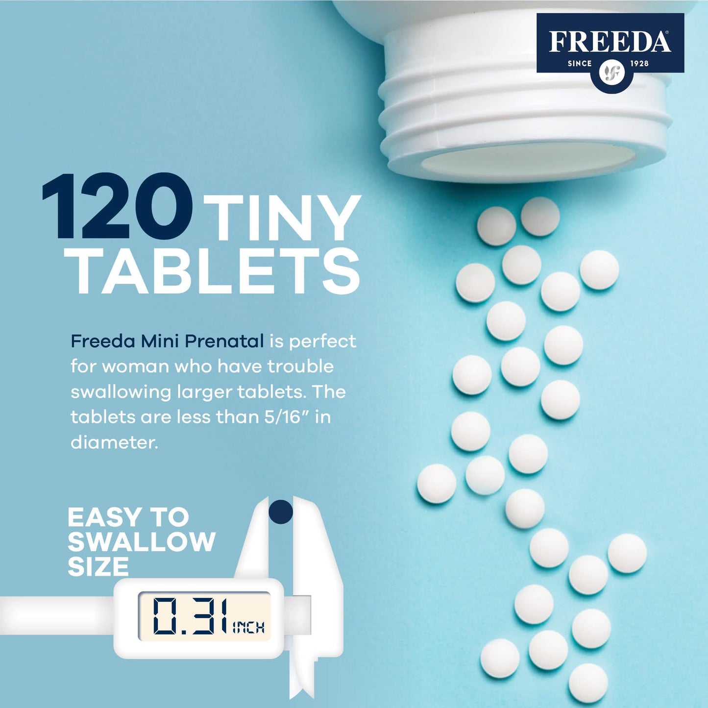 FREEDA Mini Prenatal Vitamin - Kosher Prenatals -Tiny Easy to Swallow Tablets - Prenatal Vitamins with Iron, Prenatal Folic Acid/Folate, Vitamin D - Pre Natal Multivitamin for Pregnant Women (120)