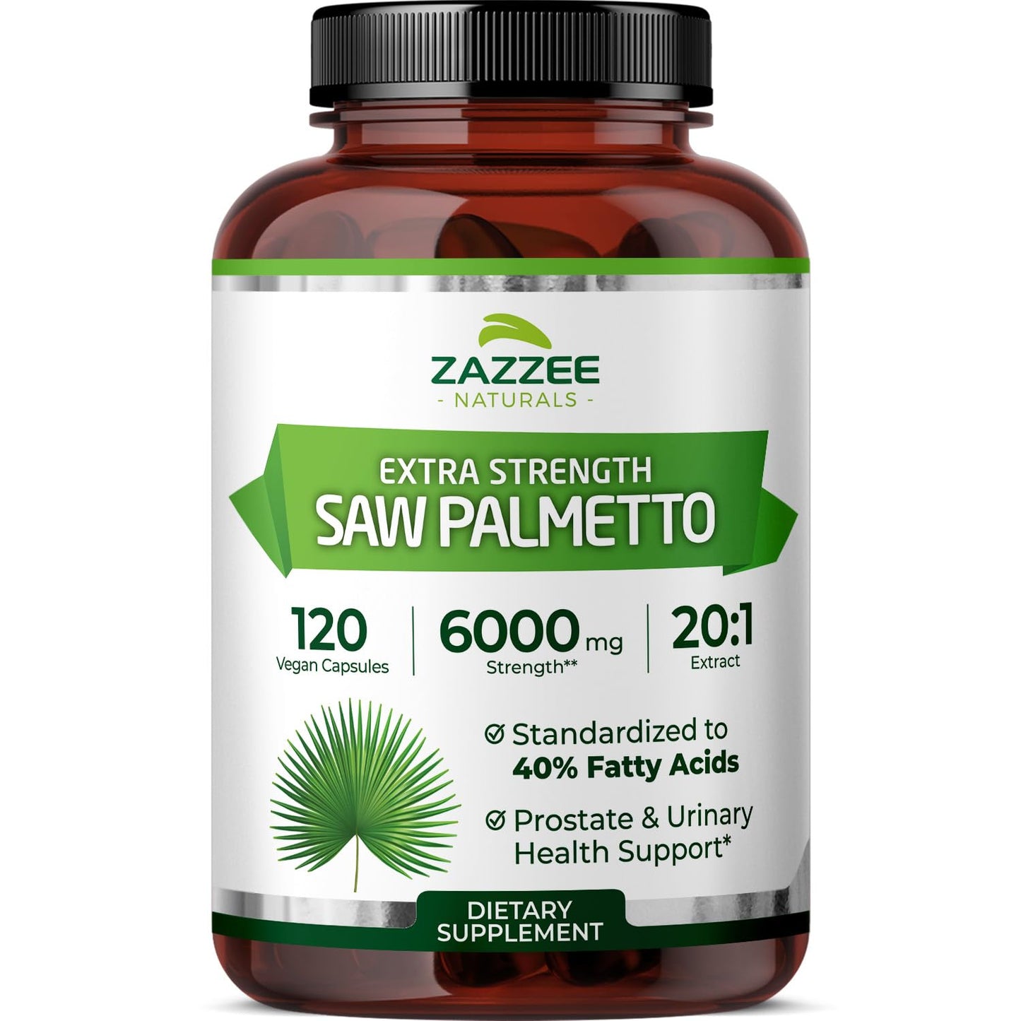 Zazzee Extra Strength Saw Palmetto 20:1 Extract, 6000 mg Strength, 40% Fatty Acids, 120 Vegan Capsules, 4 Month Supply, Concentrated and Standardized 20X Extract, Non-GMO, All-Natural, Made in the USA