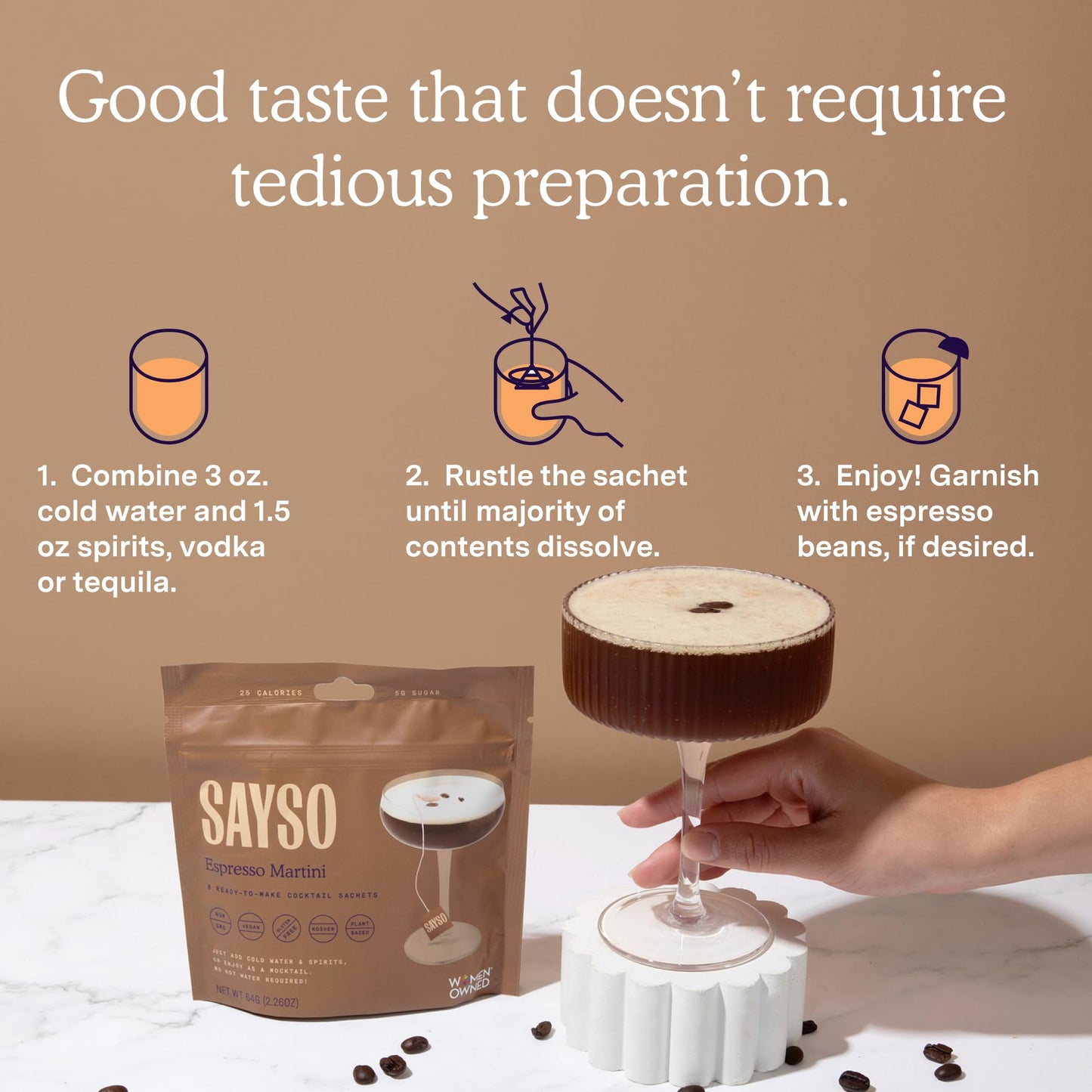SAYSO: Espresso Martini Instant Cocktail Tea Bags | Infuses with Cold Water & Spirits for a Premium Craft Cocktail or Mocktail (25 Calories, 5g Sugar), 8-Pack