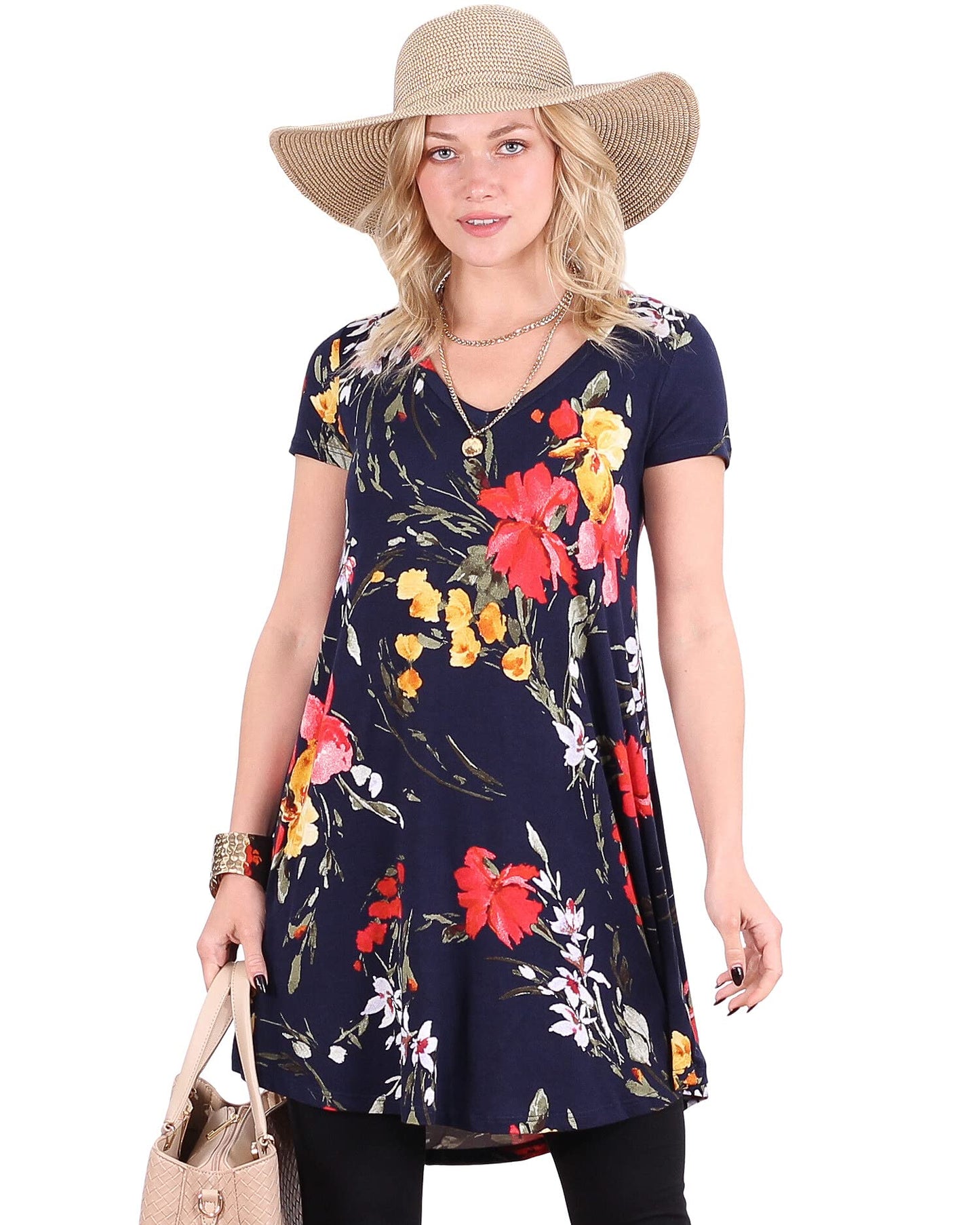 Popana Womens Short Sleeve Summer Tunic Tops to Wear with Leggings Loose Fit Made in USA Floral