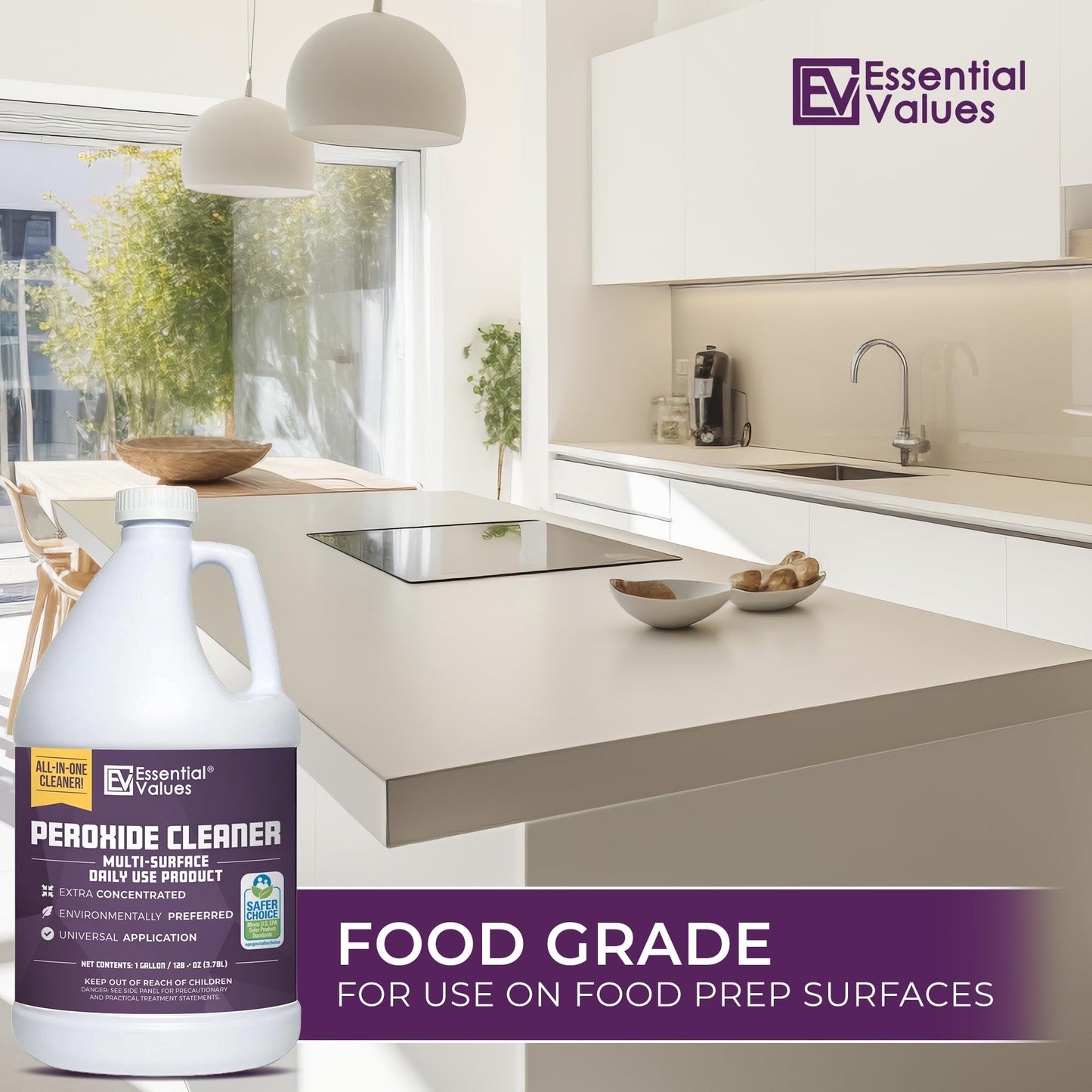 Essential Values Peroxide Cleaner 5%, Safer Choice Certified | Made in USA, Multi-Surface - Extra Concentrated - Ideal for Residential Commercial Retail Hospital Restaurants