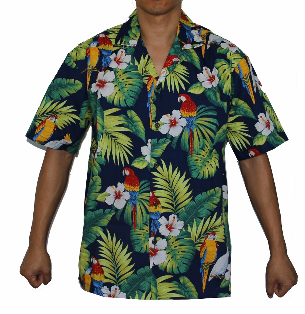 Made in Hawaii ! Men's Hibiscus Parrots Hawaiian Luau Cruise Aloha Shirt