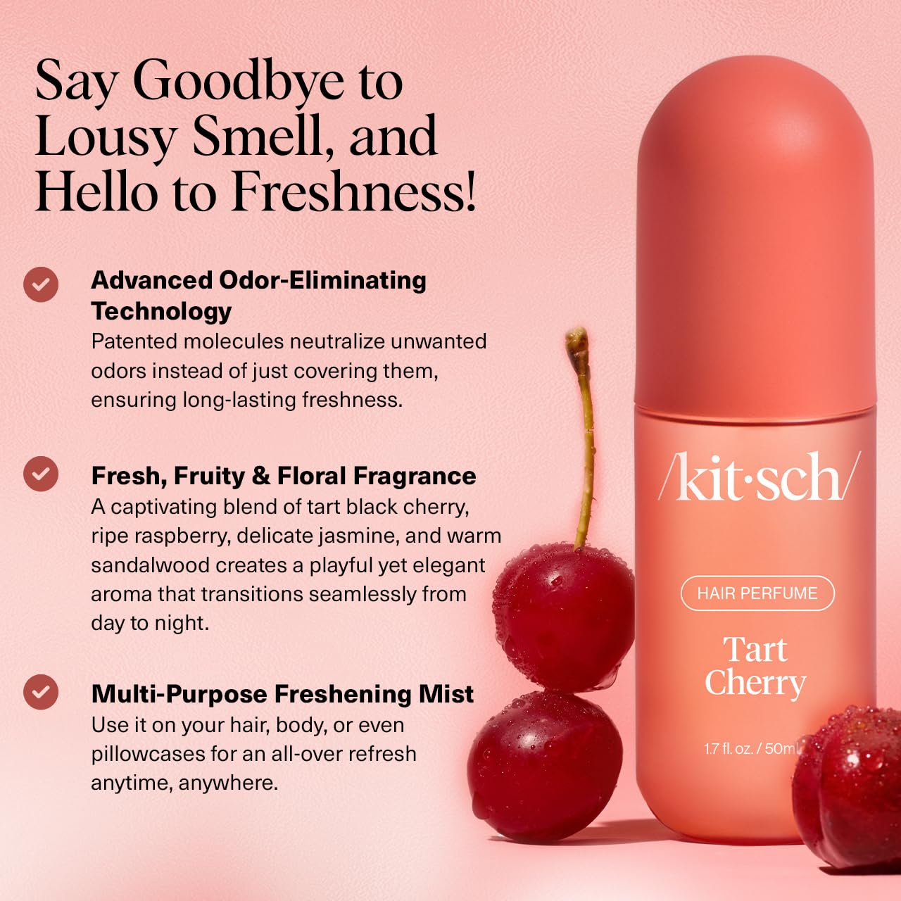 Kitsch Tart Cherry Hair Perfume for Women - Hair Spray & Body Mist - Clean, Deodorizing & Patented Odor-Eliminating Technology - Freshen Hair, Body & Pillows - Fruity Gourmand Scent & Vanilla - 50ml