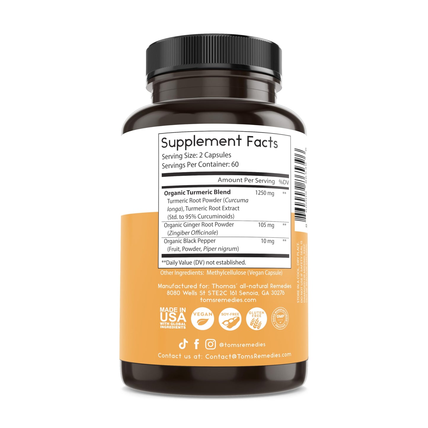 Thomas' all-natural Remedies Turmeric Curcumin and Ginger with Black Pepper, Organic Turmeric Joint Support Supplement- 95% Curcumin - NO fillers, Vegan - 120ct