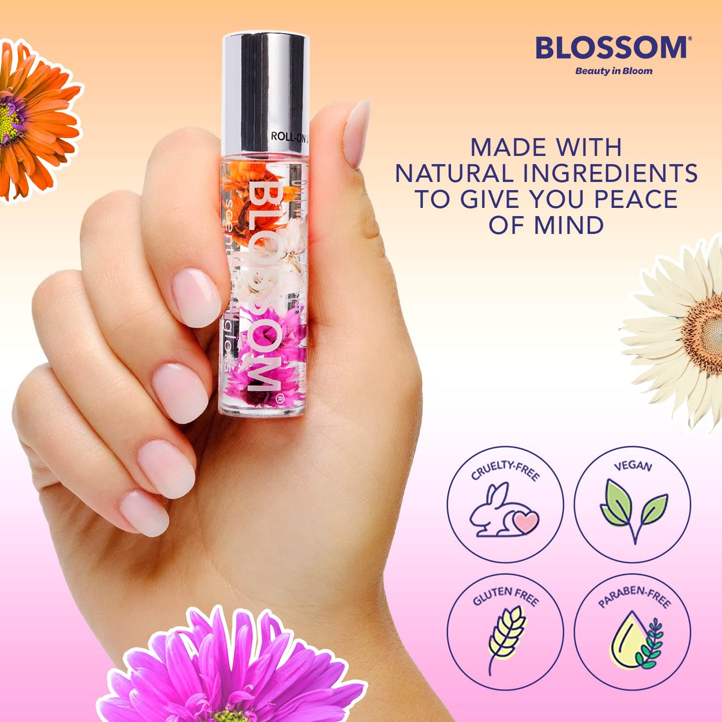 Blossom Roll on Lip Gloss, Scented Clear High Shine Moisturizing Lip Oil, Non Sticky, Infused with Real Flowers, Made in USA, 0.2oz, Juicy Peach