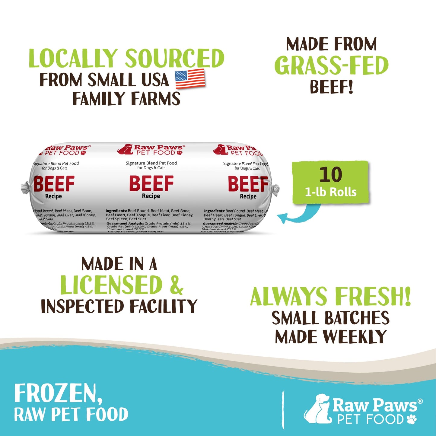 Raw Paws Signature Blend Pet Food for Dogs & Cats - Beef Recipe, 1-lb Rolls (10 Pack) - Fresh Pet Food Made in USA, Grass-Fed Beef Log, Natural Dog Food Rolls, Raw Frozen Dog Food & Cat Food