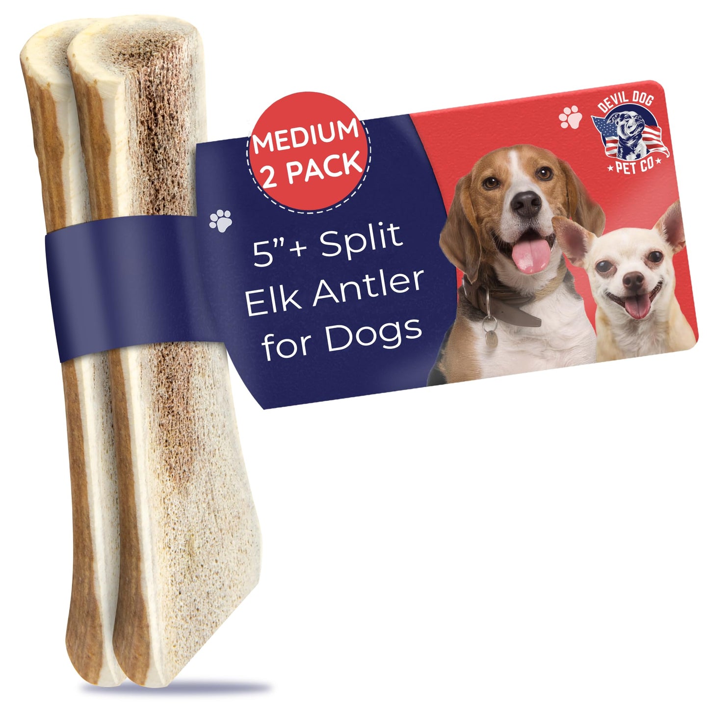 Devil Dog Pet Co. Split Elk Antlers for Dogs, Medium 5"+, 2 Pack, Grade A Long Lasting Chew for Aggressive Chewers, Premium USA Naturally Shed Antler – Healthy, No Odor, Durable Dog Chew