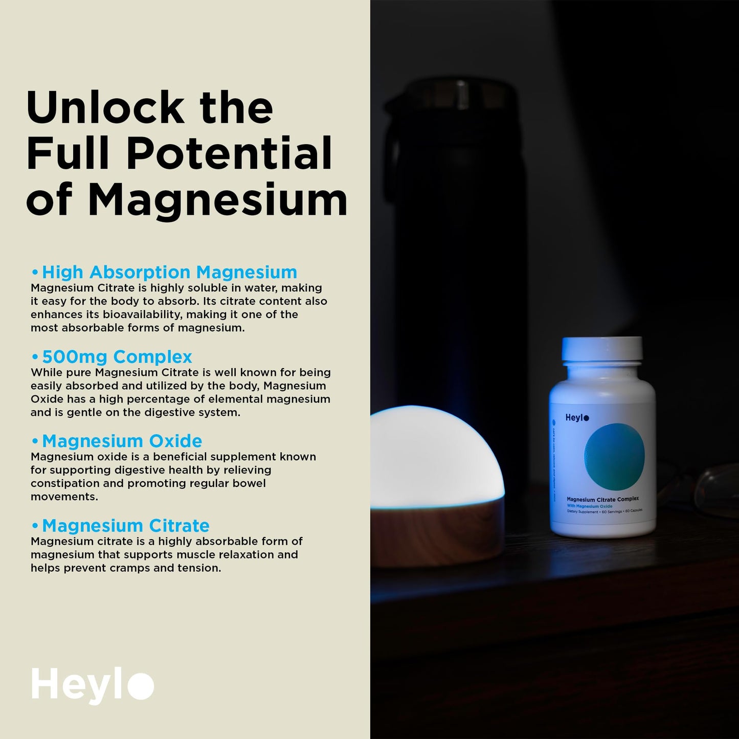 Heylo Magnesium Citrate Complex 500 mg - High Absorption Formula for Muscle Relaxation, Energy Support, Bone & Heart Health, Digestion, Stress Relief - Non-GMO, Vegan, 60 Capsules