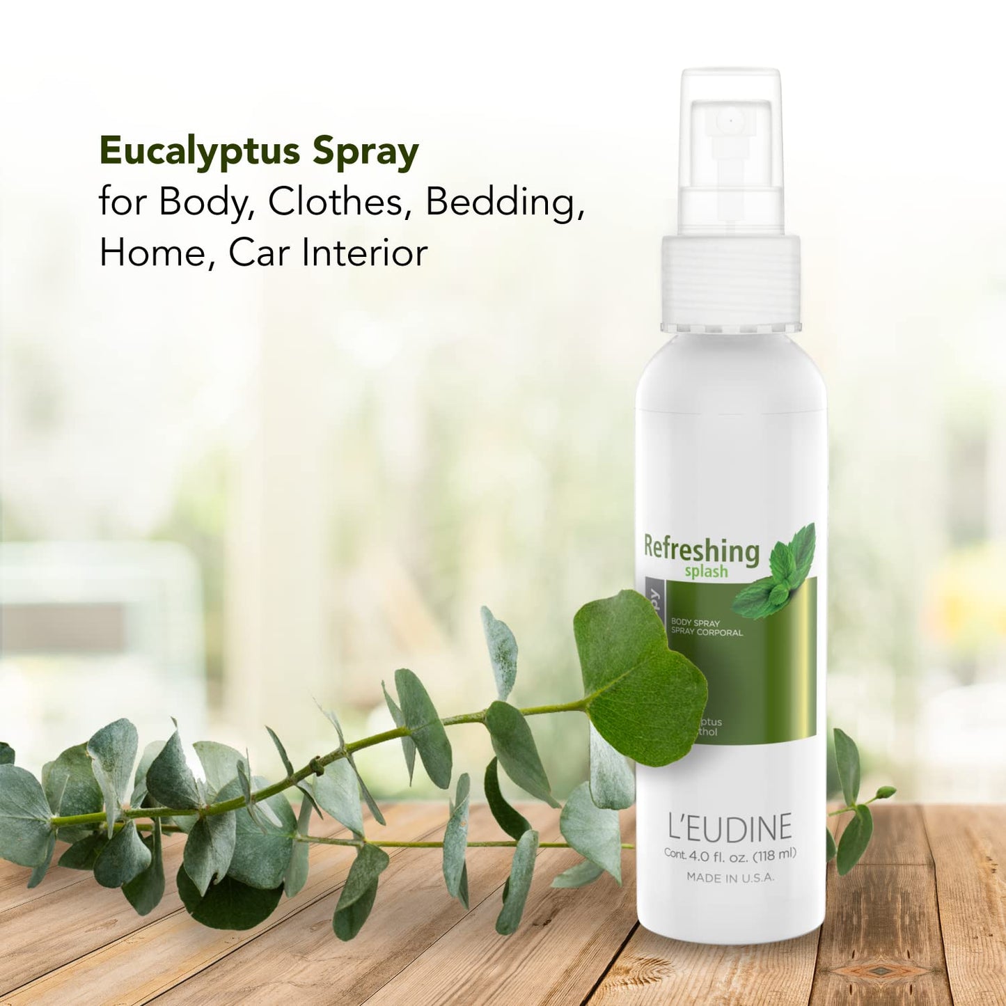 L'EUDINE Refreshing Splash with Eucalyptus Oil, Respiratory Care Body & Room Spray Mint and Aloe Infused, Gentle on The Skin, Multipurpose Small Spaces Air Freshener - 4.0 fl oz