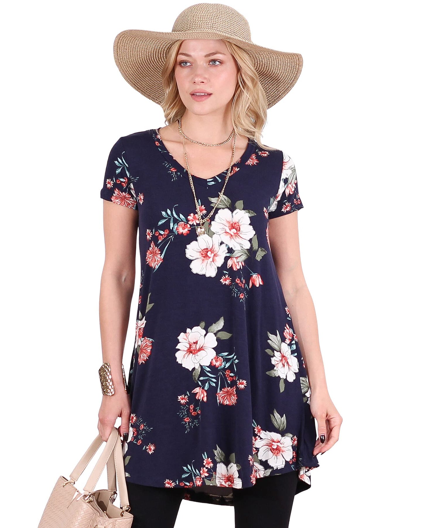 Popana Womens Short Sleeve Summer Tunic Tops to Wear with Leggings Loose Fit Made in USA Floral