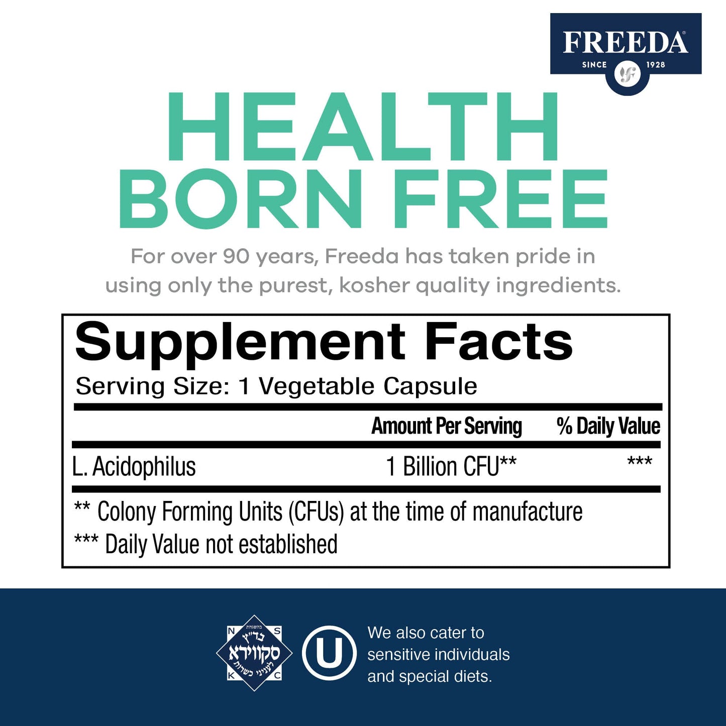 FREEDA Acidophilus Probiotic 1 Billion CFU – Lactobacillus Acidophilus with Organic Inulin & Blue Agave – Digestive Health, Regularity & Immune Support – Vegan, Kosher, Non-GMO (100 Capsules)