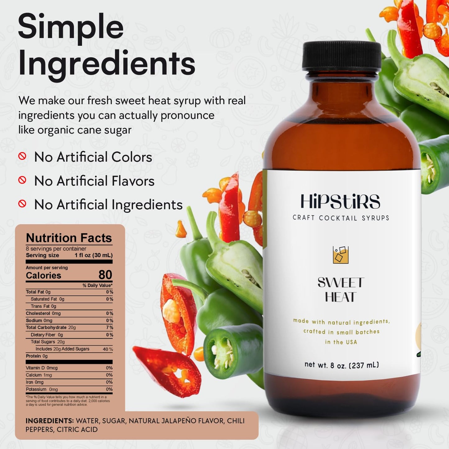 HipStirs Sweet Heat Jalapeño Simple Syrup - Spicy Cocktail Mixer for Margaritas, Palomas & More - Our Jalapeño Infused Spicy Syrup for Cocktails is Non-GMO, Gluten Free & Vegan (8 FL Oz)