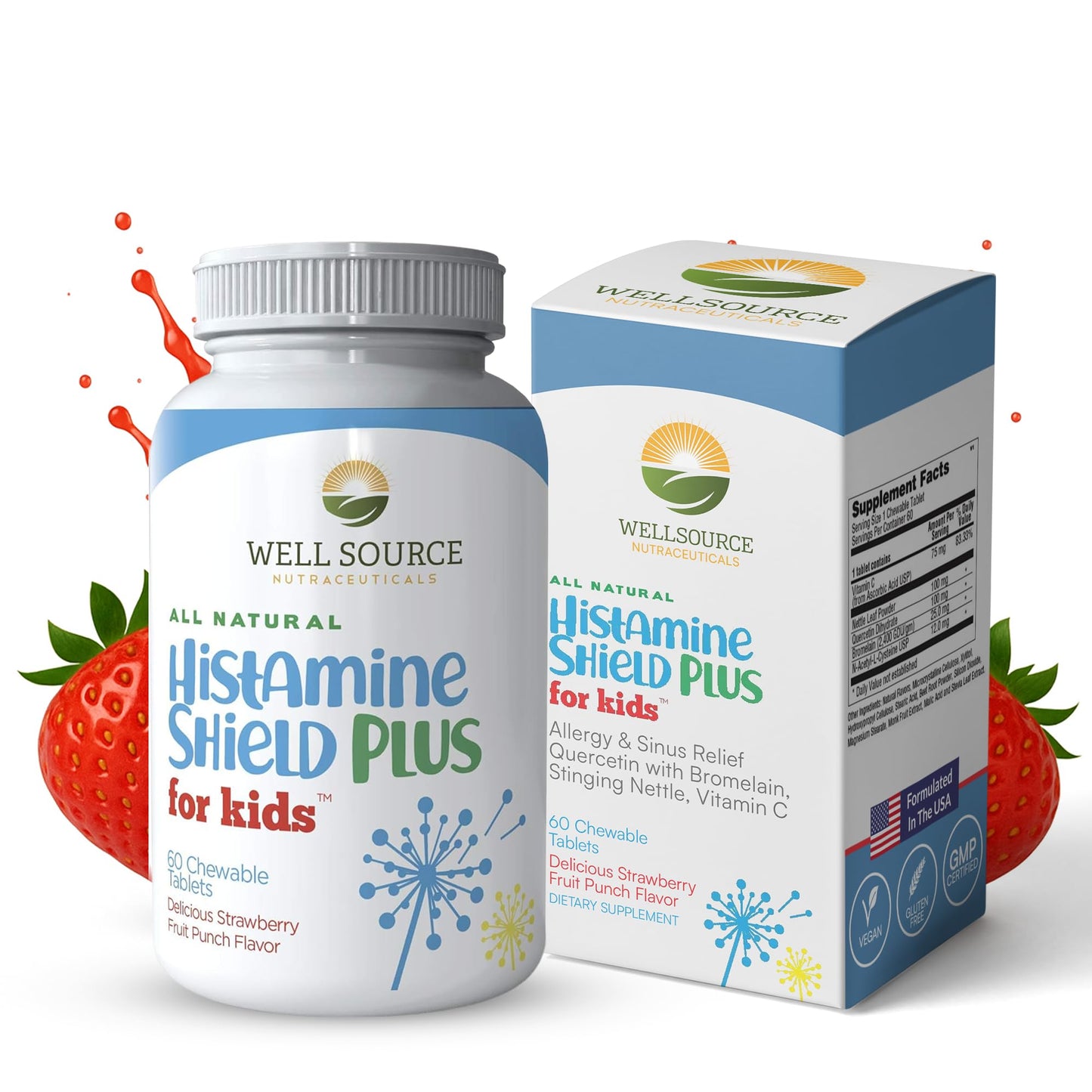 Histamine Shield Plus for Kids™ Natural Antihistamine Supplement, Sinus & Allergy Relief for Pollen, Pet Dander, Dust, Mold, and Odors, 60 Strawberry Fruit Punch Chewable Tablets
