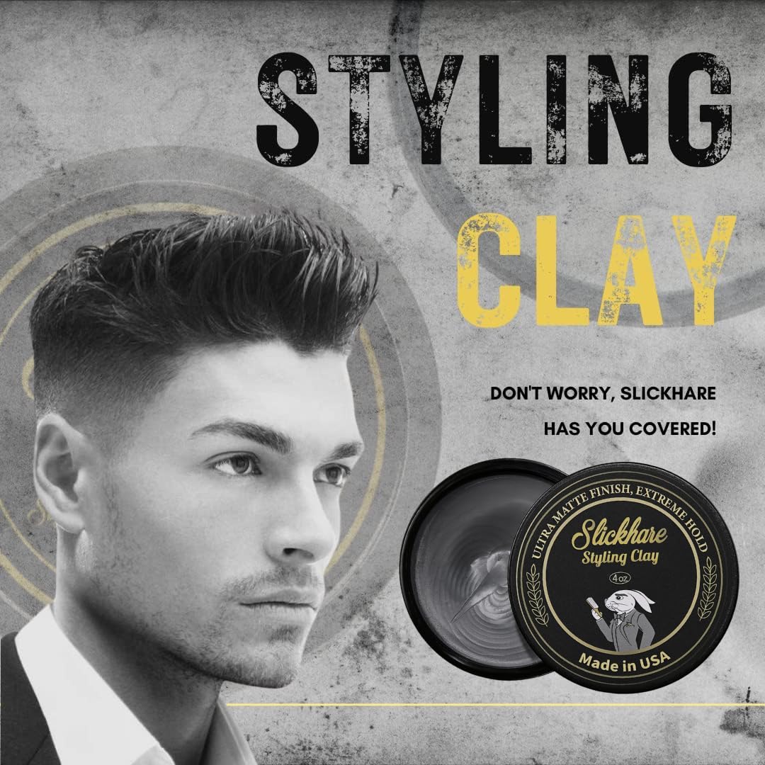Slickhare Styling Hair Clay for Men | Premium Mens Hair Paste | Mens Hair Styling Clay with Strong Hold | 4 oz Ultra Matte Clay Hair Product | Made with Active Natural Ingredients | Made in USA