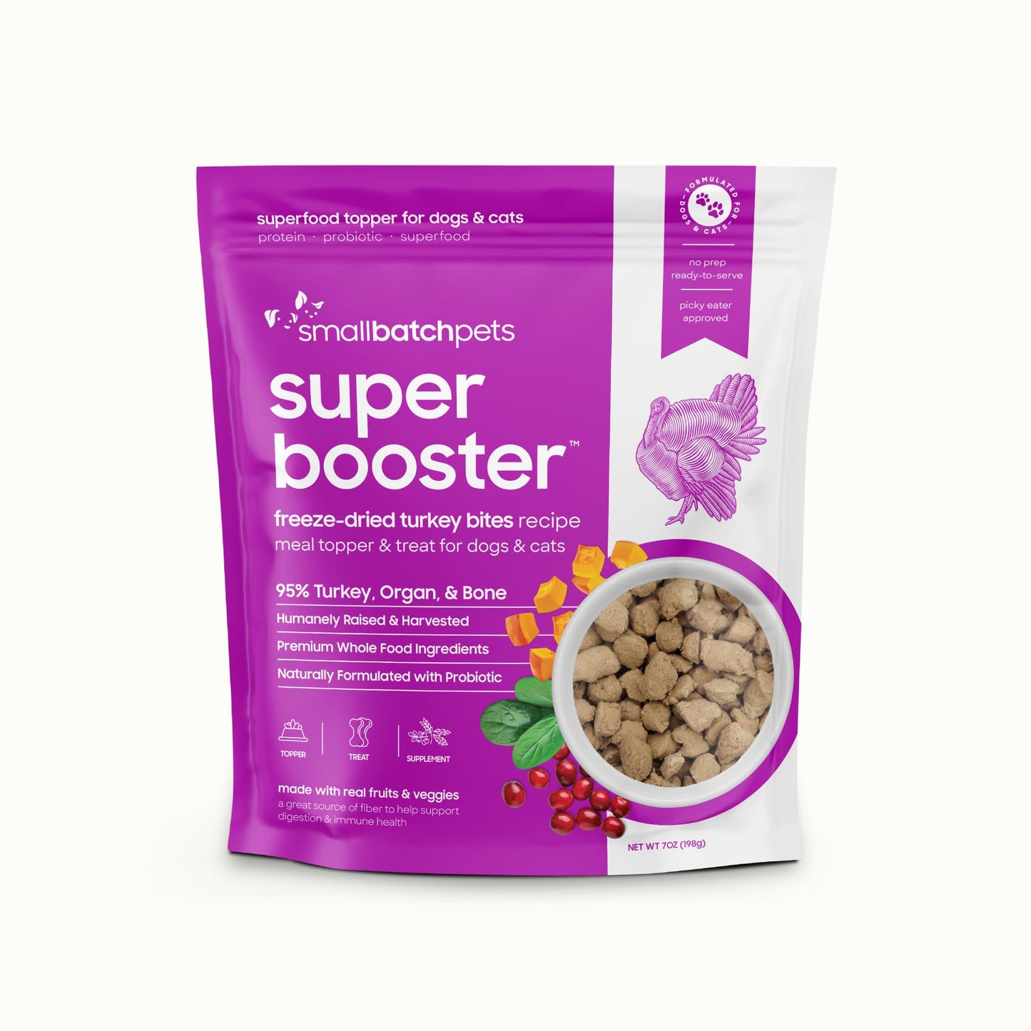 Smallbatch Freeze Dried Dog Treats, Superfood Food Topper Turkey Bites for Dogs & Cats, Probiotics, Organic Ingredients, High Protein, Grain Free Healthy Treat & Food Topper, Made in the USA, 7 oz Bag