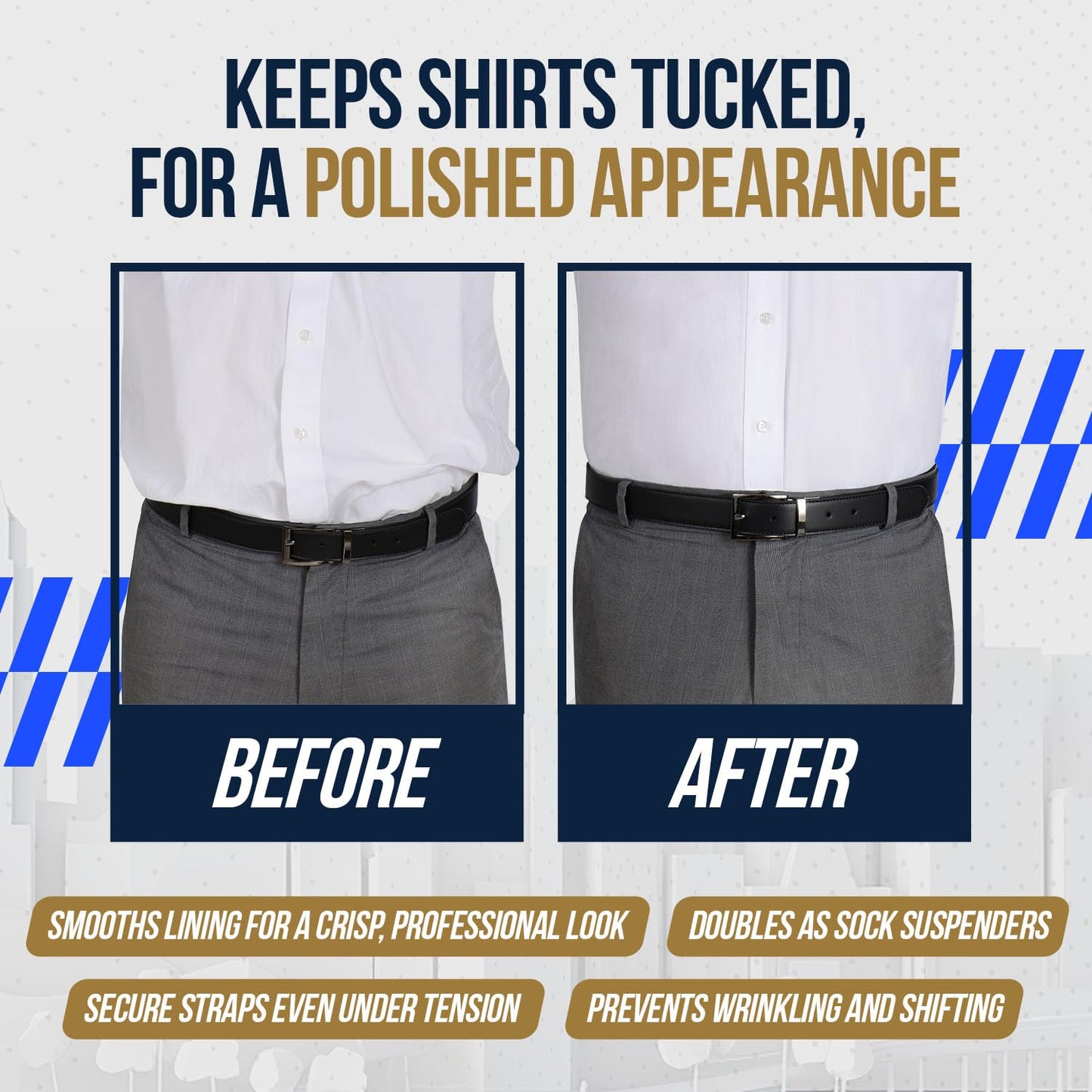 World's Best Shirt Stays for Men Police Military Made in the USA (Y-Style Black, Select Series) (1 Pair of Garters, Tuckers) (Y Style Shirt Stays)