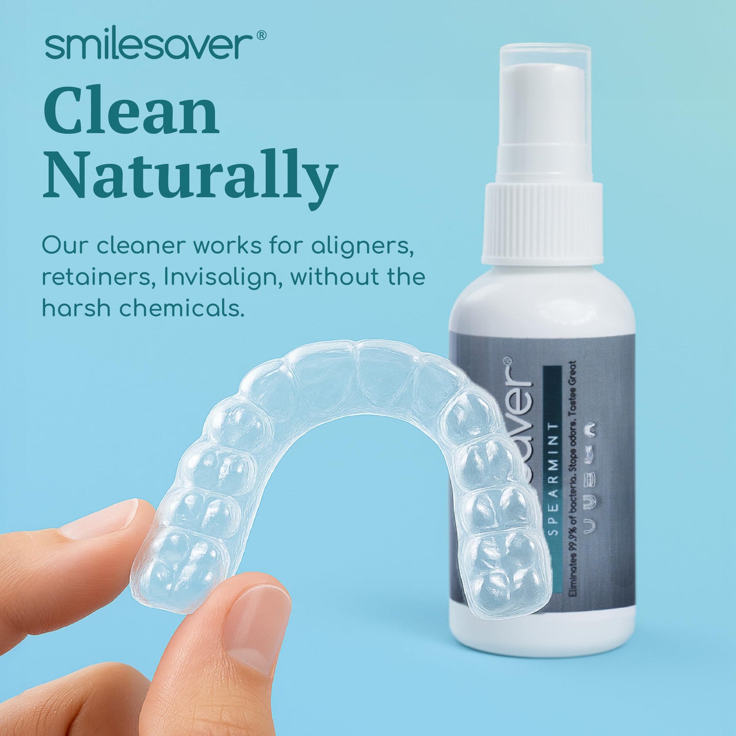 Smilesaver Retainer Cleaner Spray – Clear Aligner, Mouth Guard, and Denture Cleaner – Quick Oral Care for Aligner & Retainer Hygiene – Natural, Portable & Minty Fresh Oral Care Products (2oz)