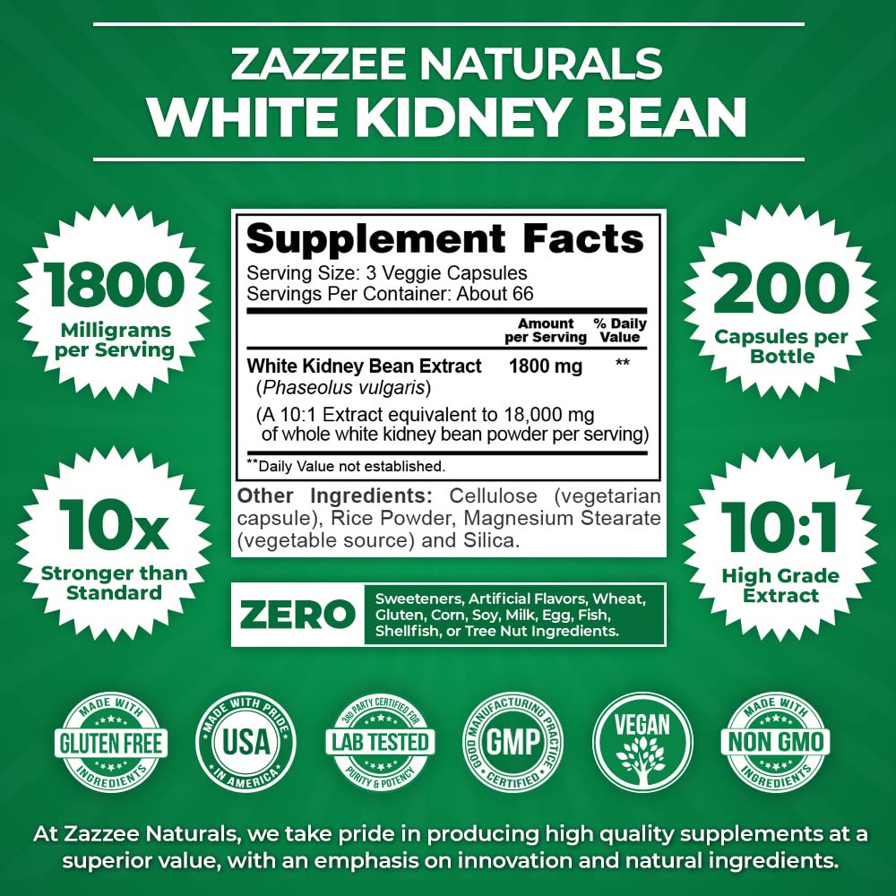 Zazzee White Kidney Bean 10:1 Extract, 1800 mg per Serving, 200 Vegan Capsules, Over 2 Month Supply, Standardized, Concentrated 10X Extract, 100% Vegetarian, All-Natural and Non-GMO, Made in The USA